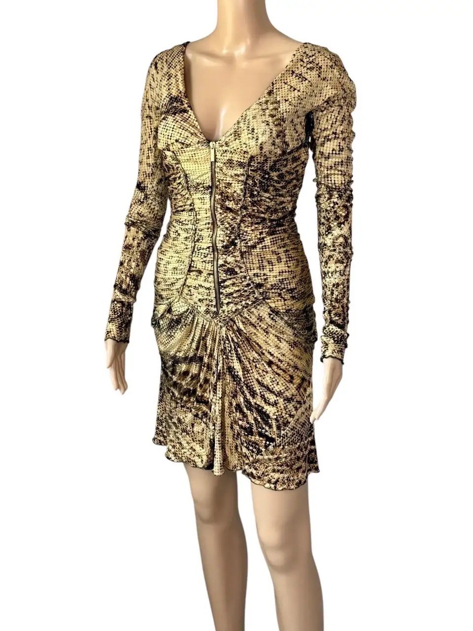 Roberto Cavalli F/W 2003 Runway Plunging Bustier Ruched Zipper Metallic Dress