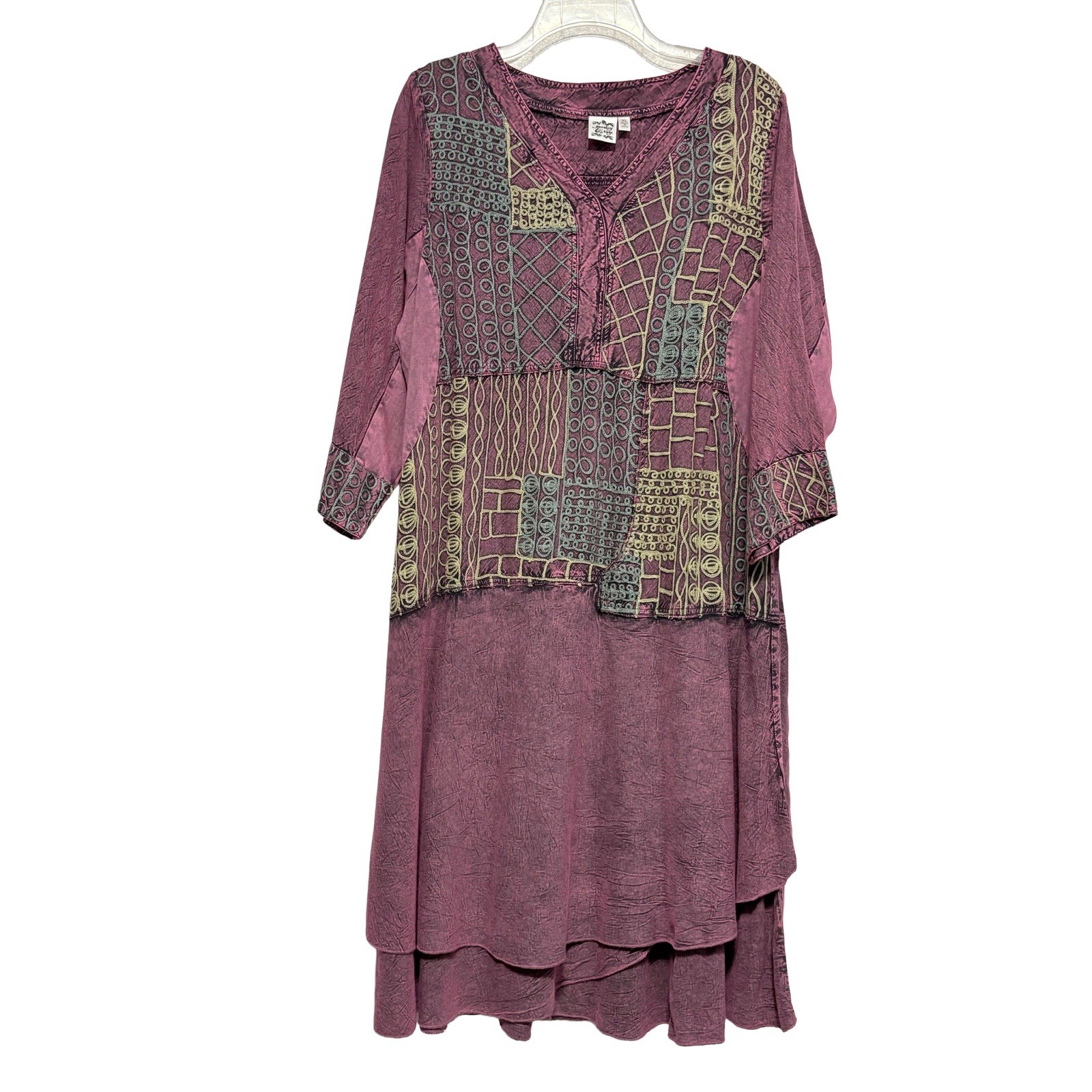 Parsley & Sage Boho Patchwork Lagenlook Midi Dress XL 3/4 Sleeve whimsigoth