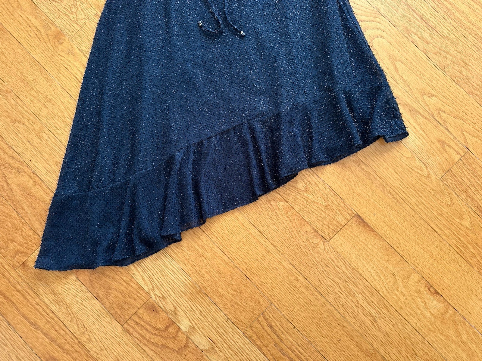 Asymmetrical Tinsel Ruffle Stand Collar Dress Navy Size 10