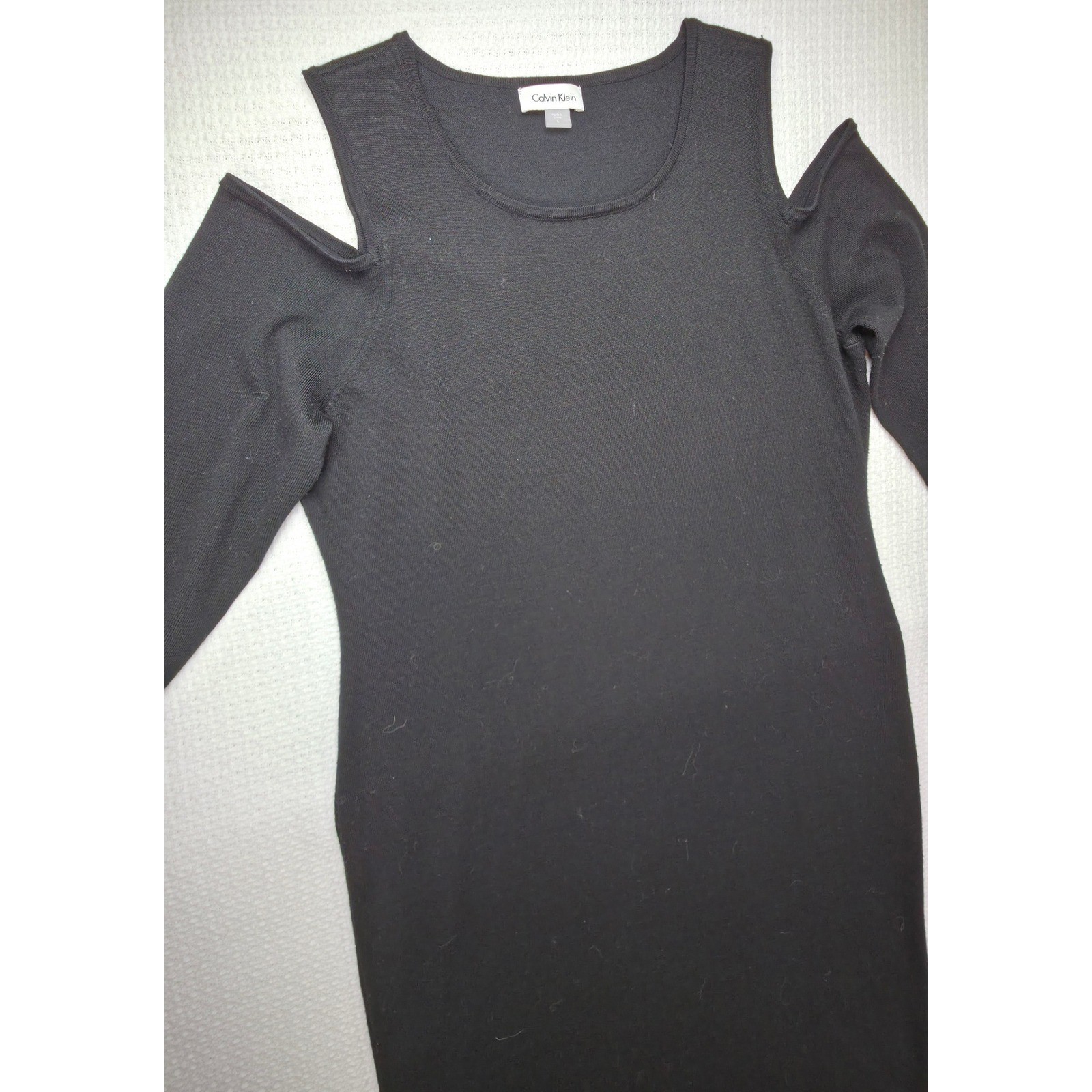 Calvin Klein Cold Shoulder Knit Dress Womens L Black Long Sleeve Midi EUC