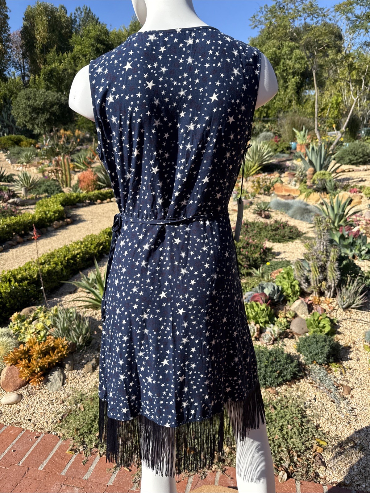 Idyllwind Queens Lane Star Print Wrap Dress Fringe sz S/P Navy Blue Boho Cowgirl