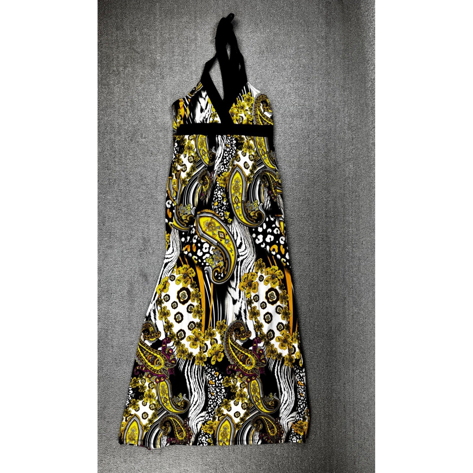Wet Seal Dress Large Yellow Paisley Leopard Zebra Halter Maxi Y2K Vintage Summer