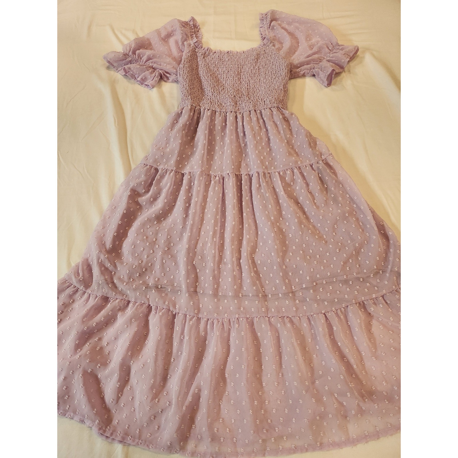 Merokeety Womens Lavender Swiss Dot Smocked Midi Dress Puff Sleeve Tiered Large