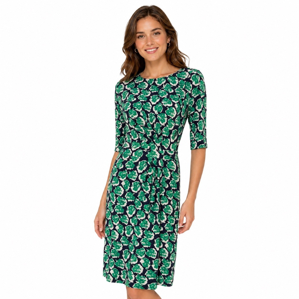 Boden Green Navy Floral Twist Waist Midi Dress 3/4 Sleeve Women’s US 6 UK 10
