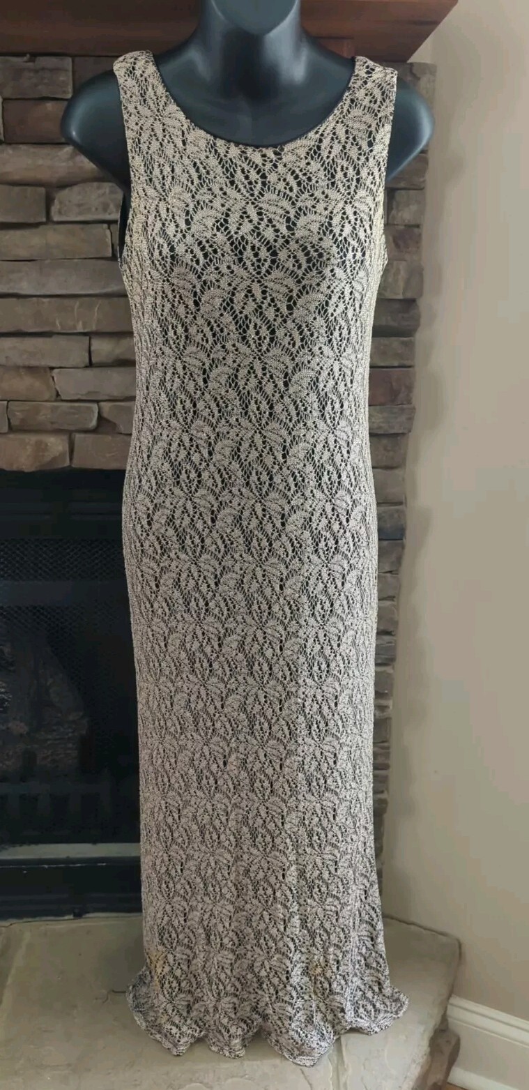 Vintage 1990s Dani Max Dress Size 6 Maxi Beige Lace & Black Underlay Long Gown
