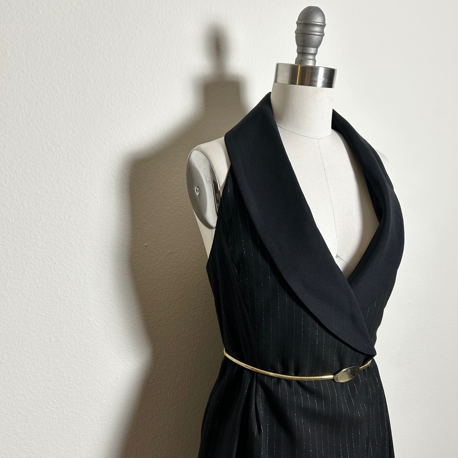 NWT By Anthropologie Halter Tuxedo Black Sparkle Pin Stripe Midi Dress XXS