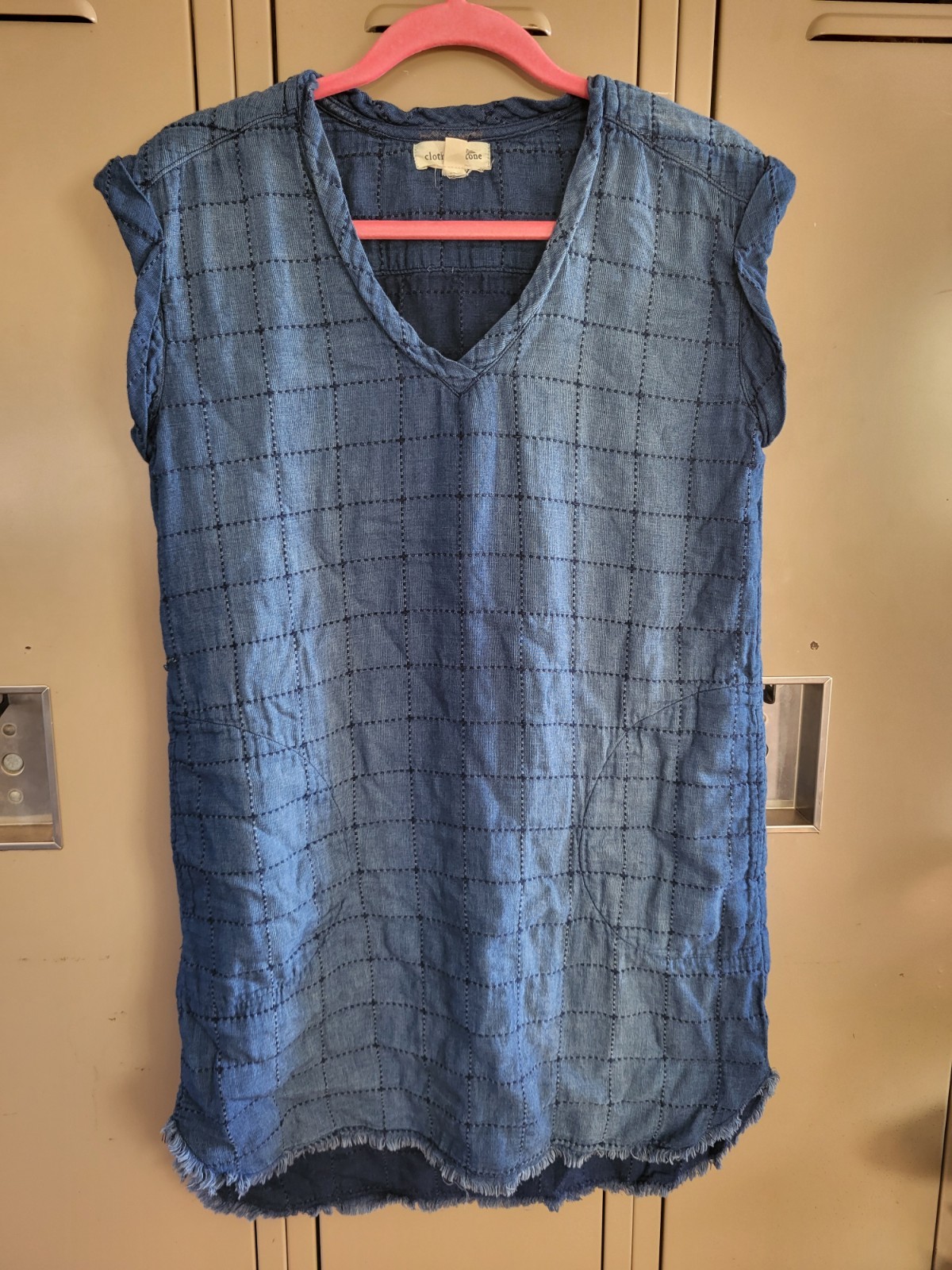 Cloth & Stone Dress Women PS Blue Chambray Sleeveless V Neck Raw Hem Boho Grunge