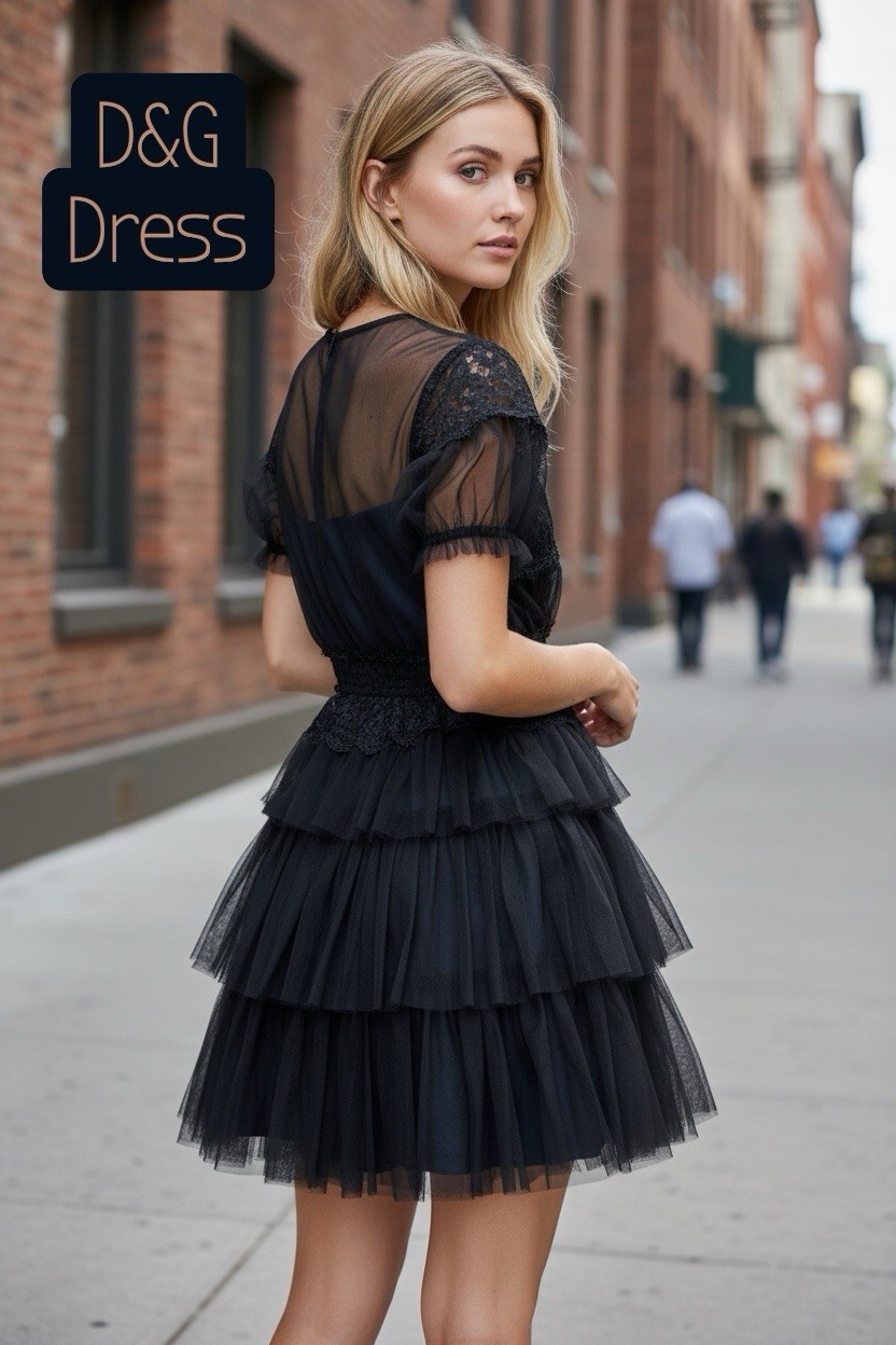 D&G Dress Black Tulle Lace Tiered Size Small By Dolce&Gabbana