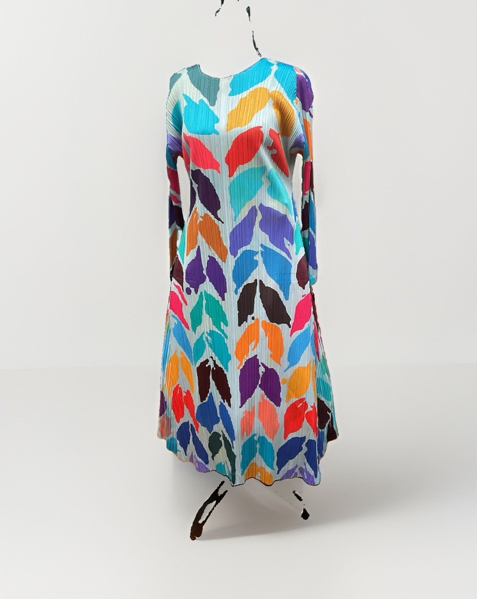 Issey MiyakePleats Please Women’s Multicolor Abstract Pleated Midi Dress Size 3