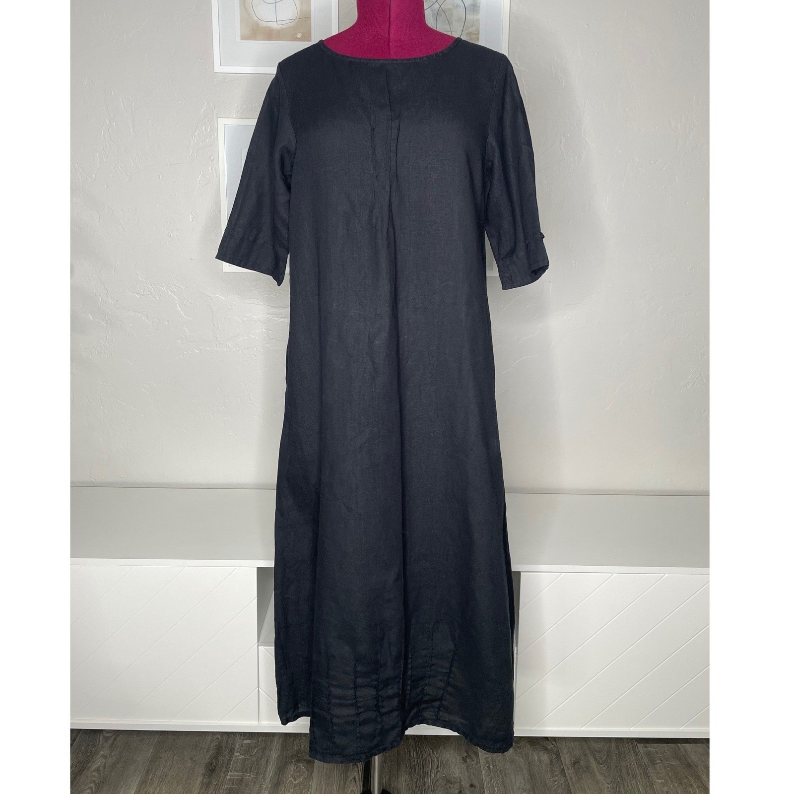 Bryn Walker Dress Women M Black 100% Linen Short Sleeve Pintuck Midi Relaxed