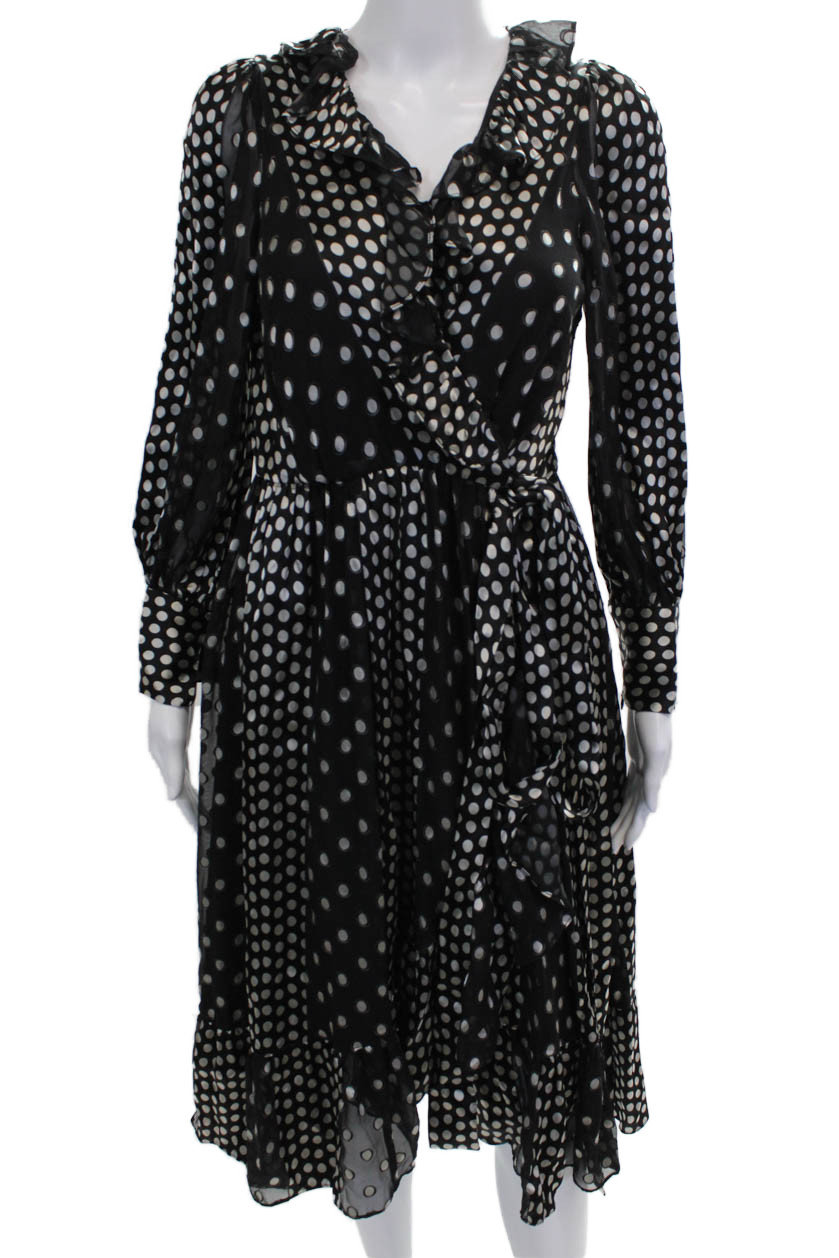 Zimmermann Women Wrap Dress Black Silk Polka Dot V-Neck Long Sleeve Midi Size S