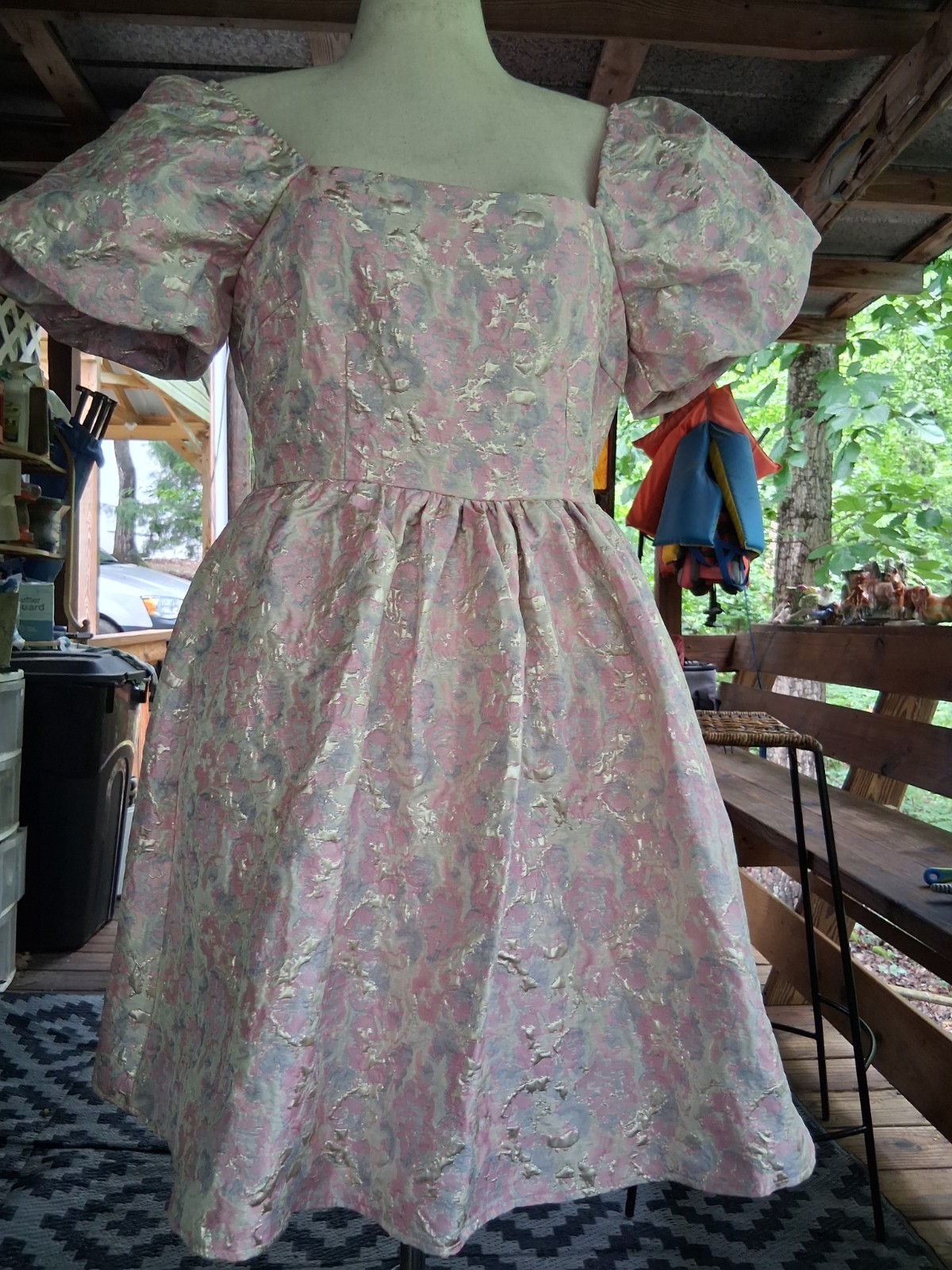 Babydoll dress pink and gold floral brocade She+Sky medium