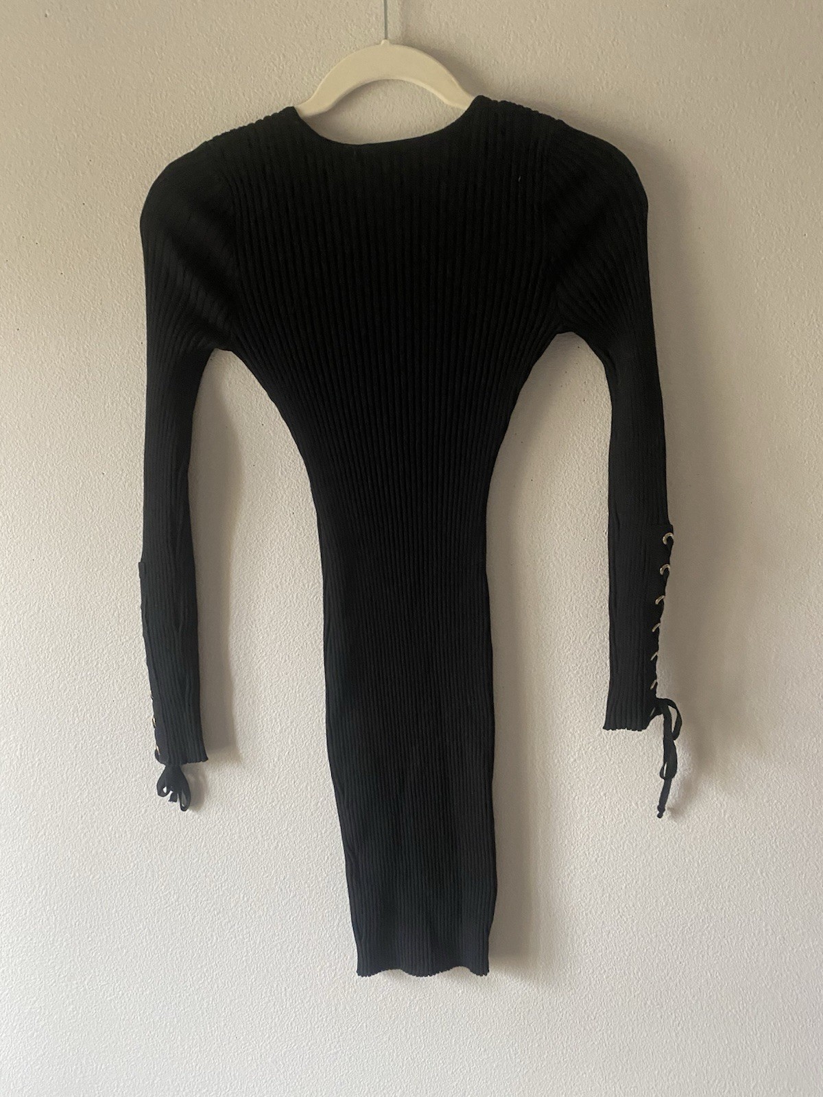 Hera Collection Black Mini Ribbed Dress Lace Up Sleeve Sz XS(M) Knit