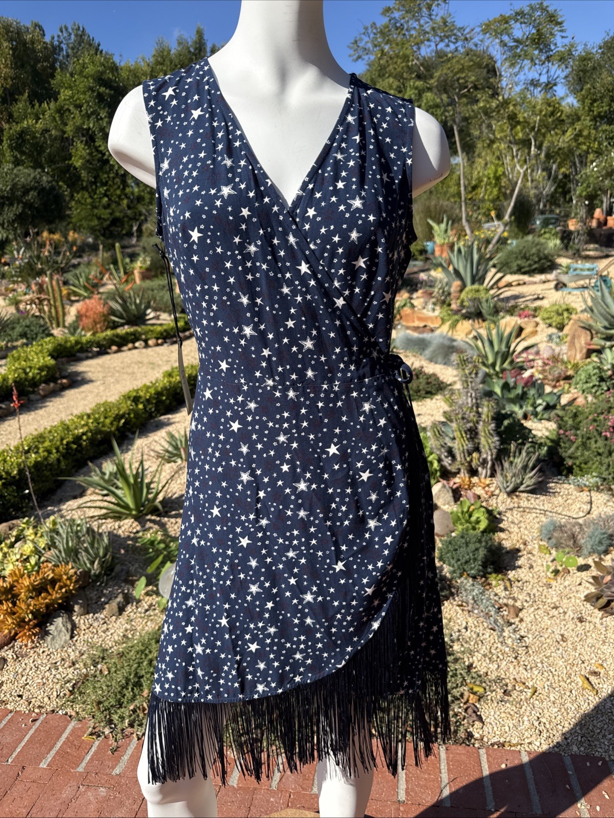 Idyllwind Queens Lane Star Print Wrap Dress Fringe sz S/P Navy Blue Boho Cowgirl