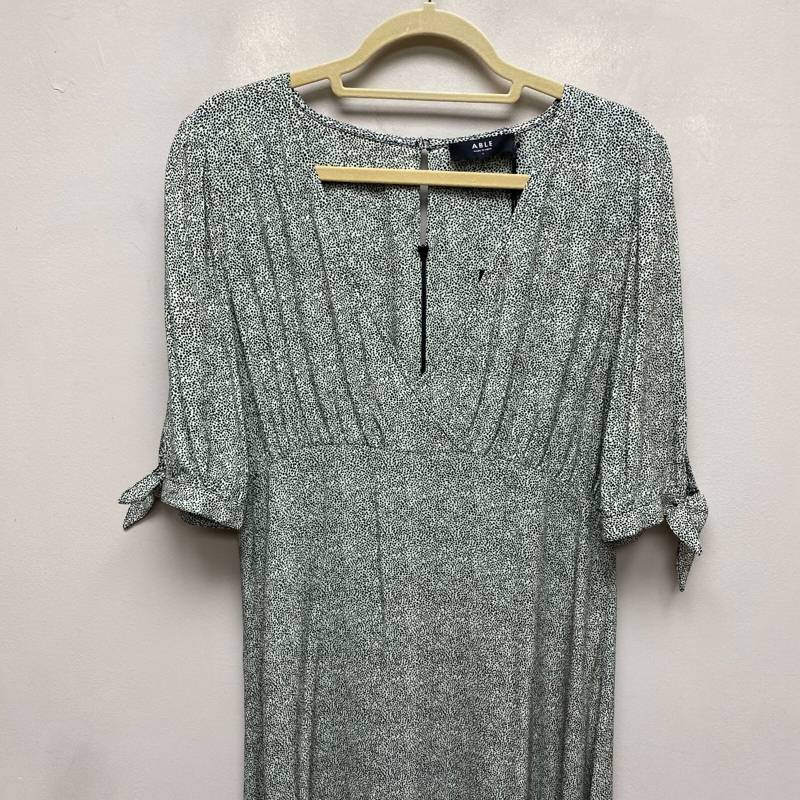 Able Creme Pin Dot Viscose Simone Tie-Sleeve V-Neck Midi Shift Dress L $155 New