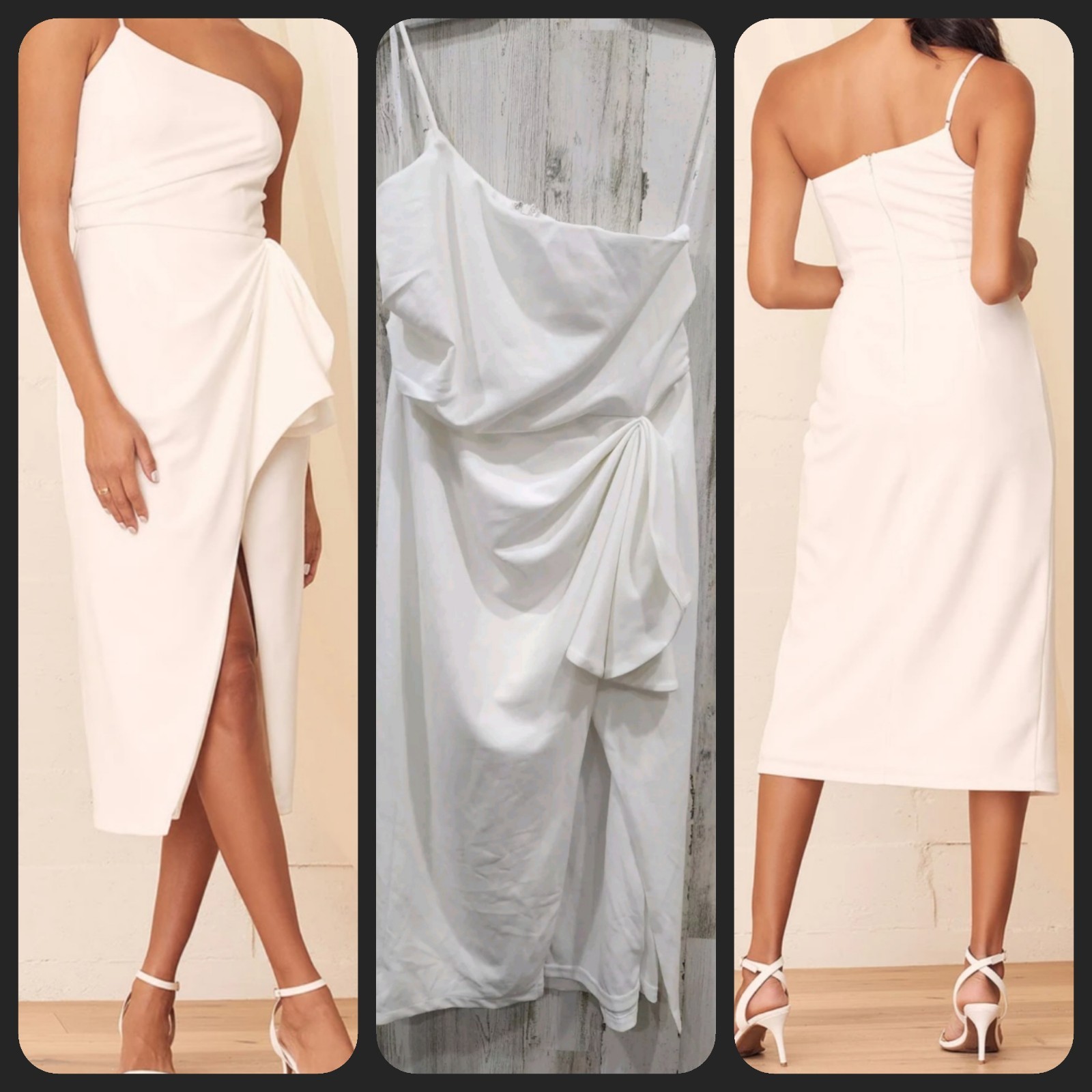 LULUS Love You Best White One Shoulder Ruffled Tulip Midi Dress Size LARGE**NWOT