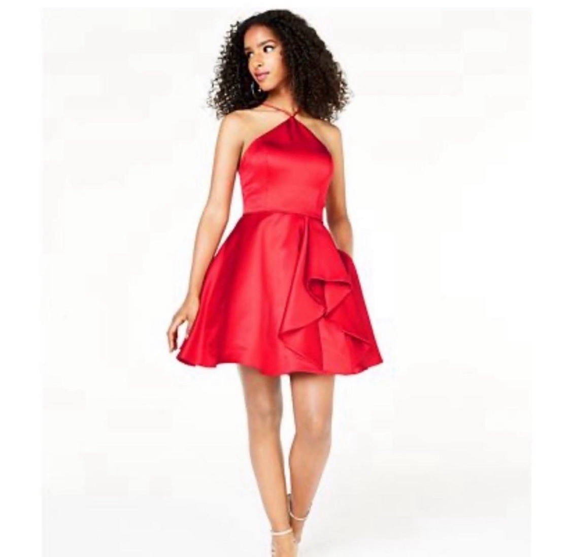 Blondie Nites Juniors Size 9 Red Y Neck Red Satin Fit N Flare Mini Dress Pockets
