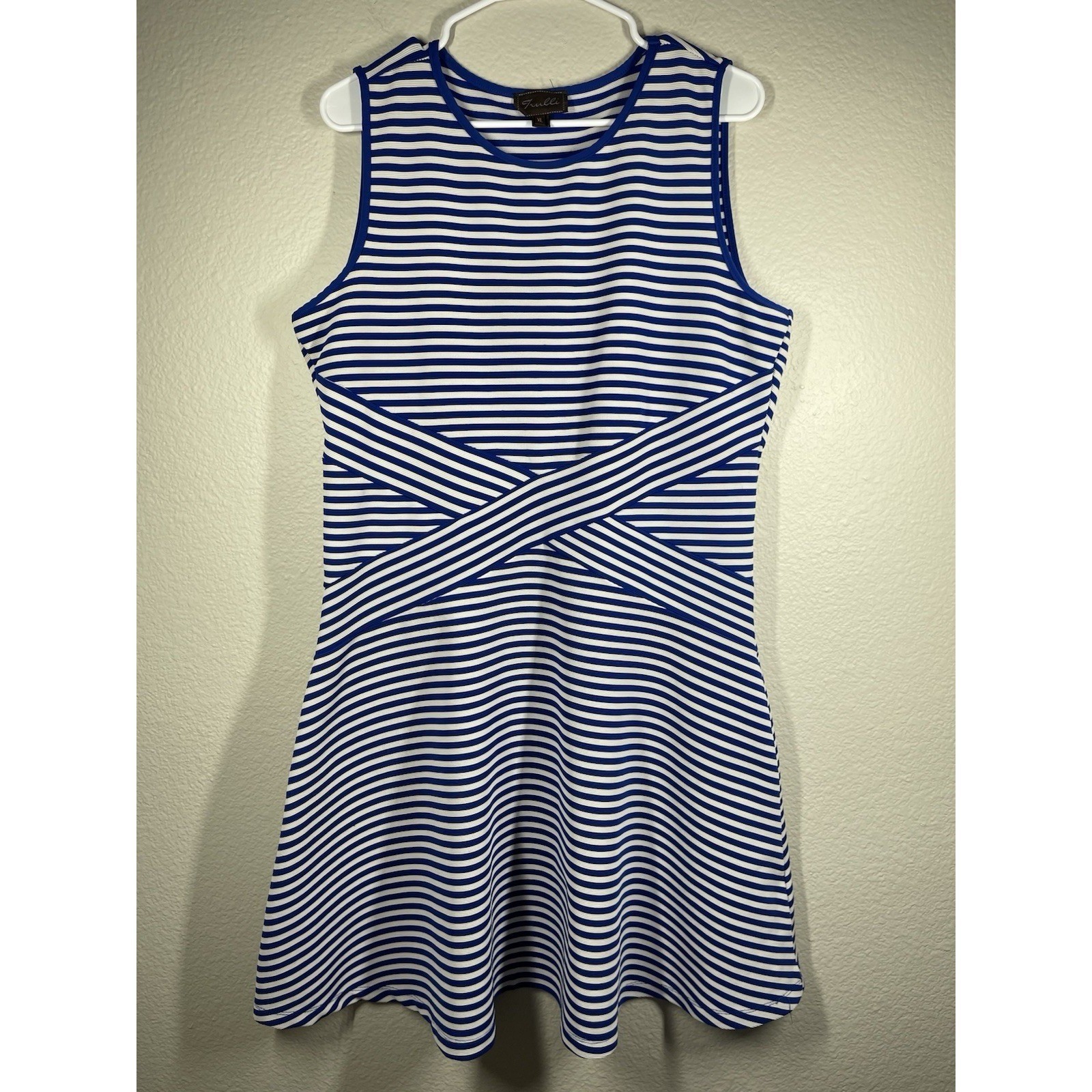 Trulli Dress, Sz XL Royal Blue White Stretch Flare Striped Sleeveless Nautical