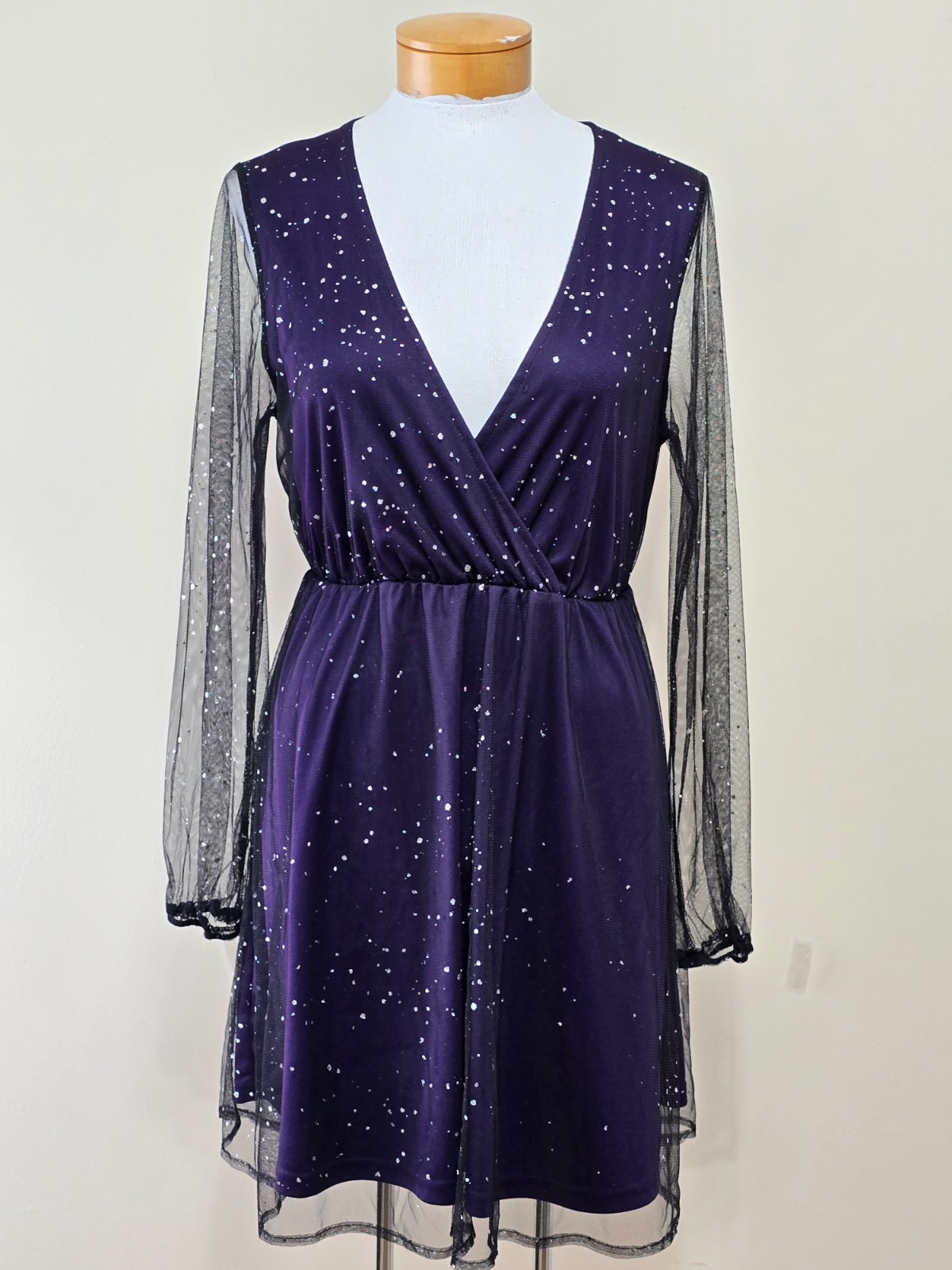 Y2K Dress Sz L Mesh Shear Mini Black Purple Whimsigoth Witchy Dark Fairy
