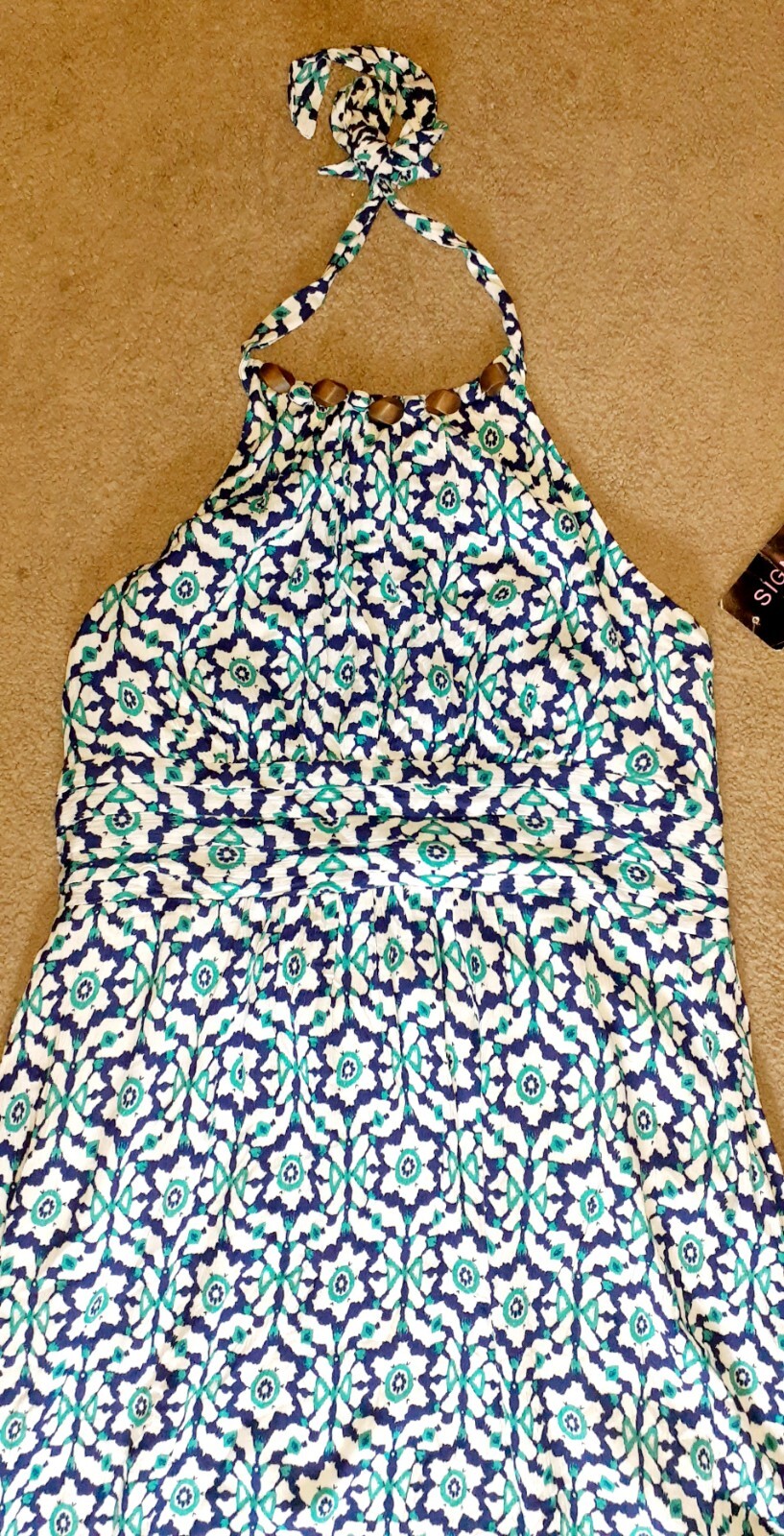 ROBBIE BEE 14 Blue Floral Halter Maxi Dress Ruffle Beaded Neck Elastic Back NEW
