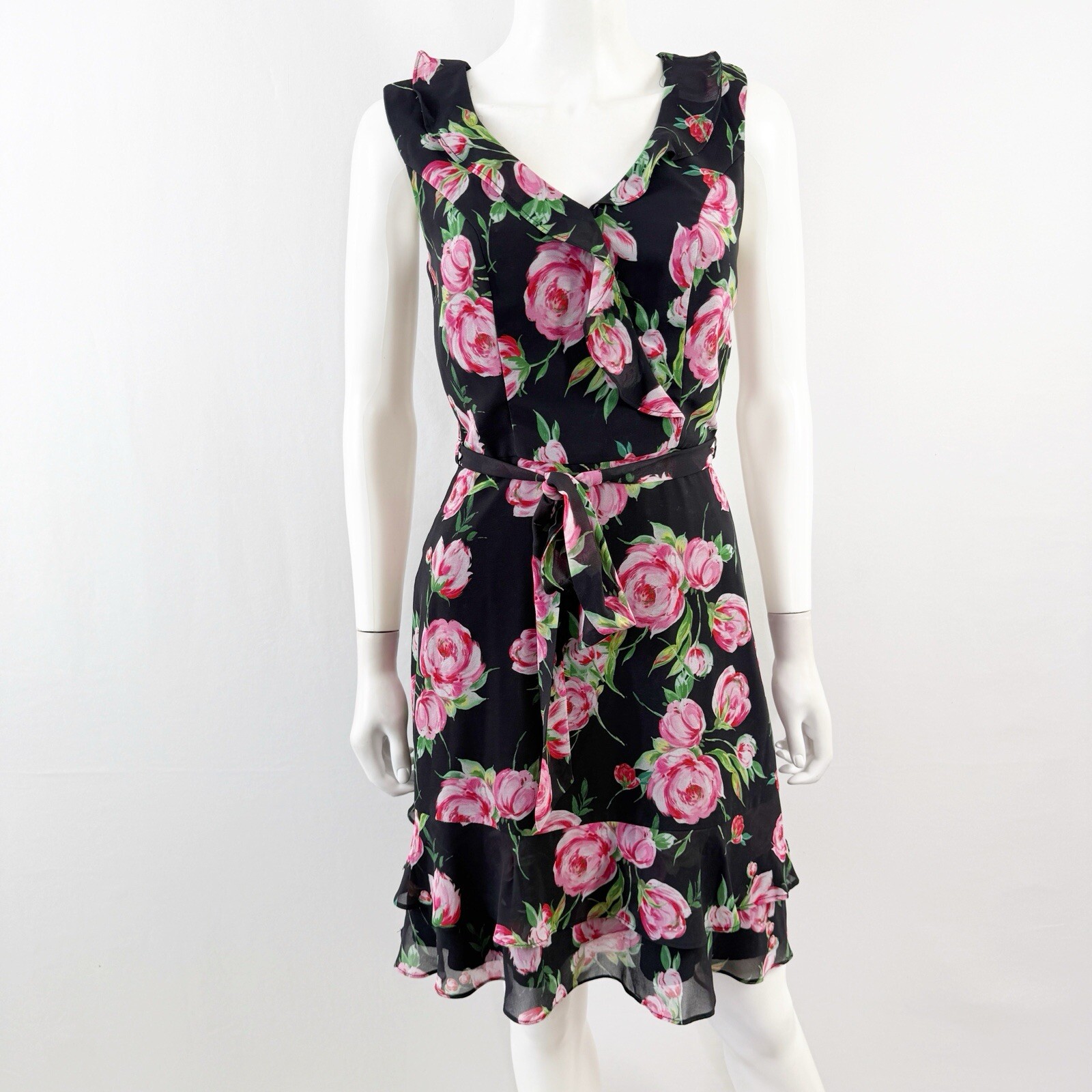 Review Black Floral Belted Ruffle V Neck Summer Party Dress Womens 6