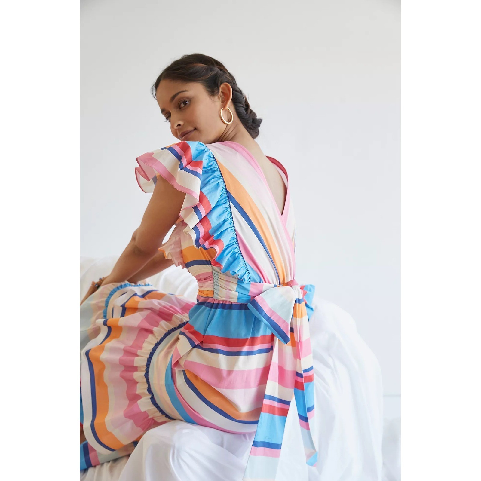 NWT Plenty Rainbow Stripe Ruffle Maxi Dress Tie Waist Flutter Sleeve Medium Chic