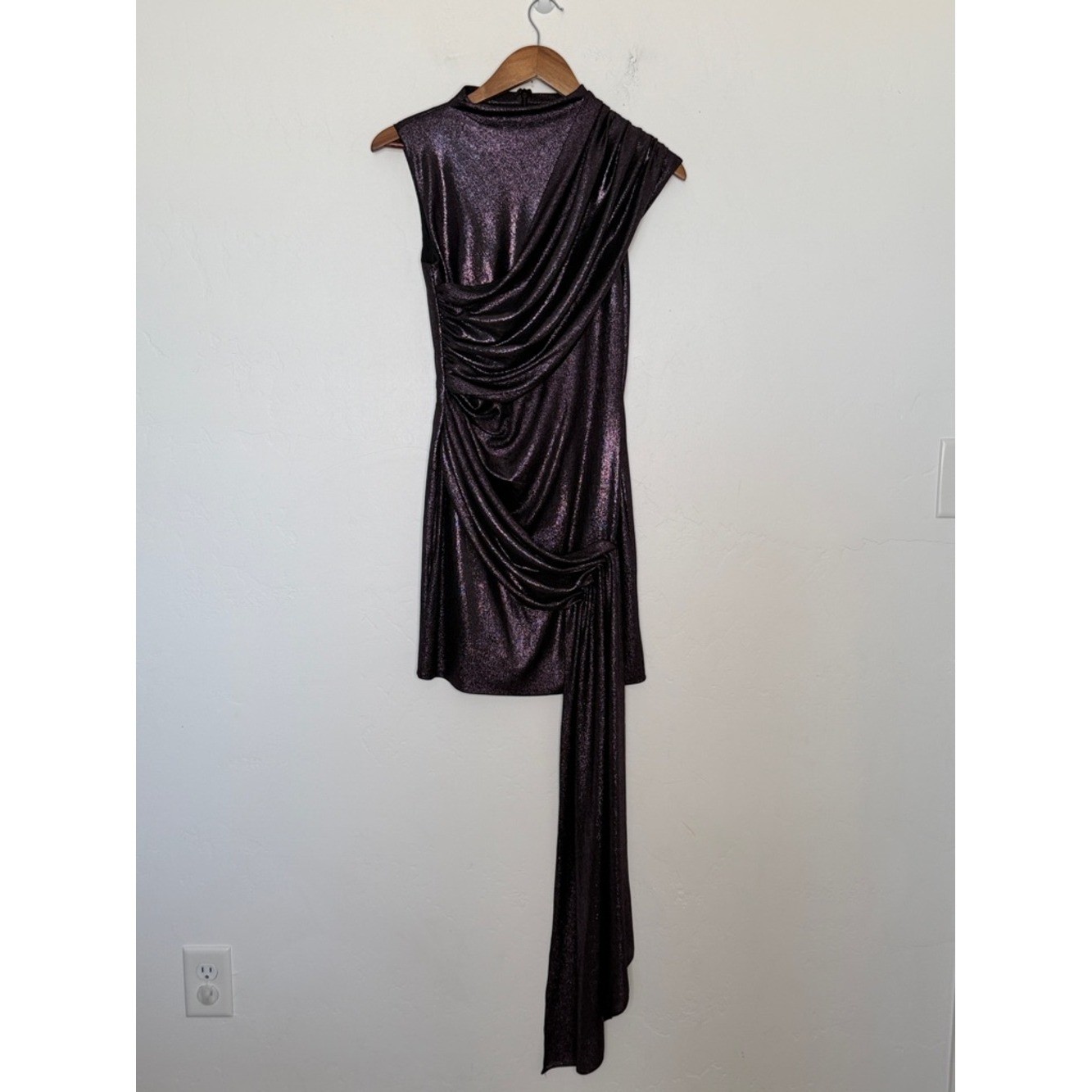 Halston Zoe Metallic Jersey Draped Mini Dress One Shoulder Size 4 NWT