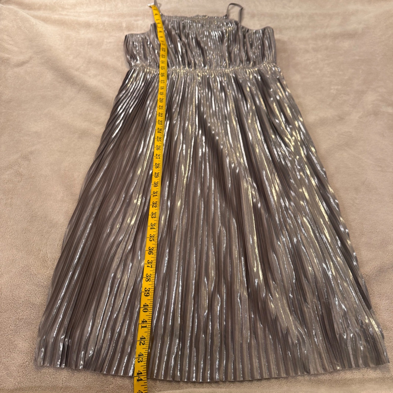 Classy Disco Party Metallic Silver Pleated Midi Dress Wedding Cocktail Sz 10P