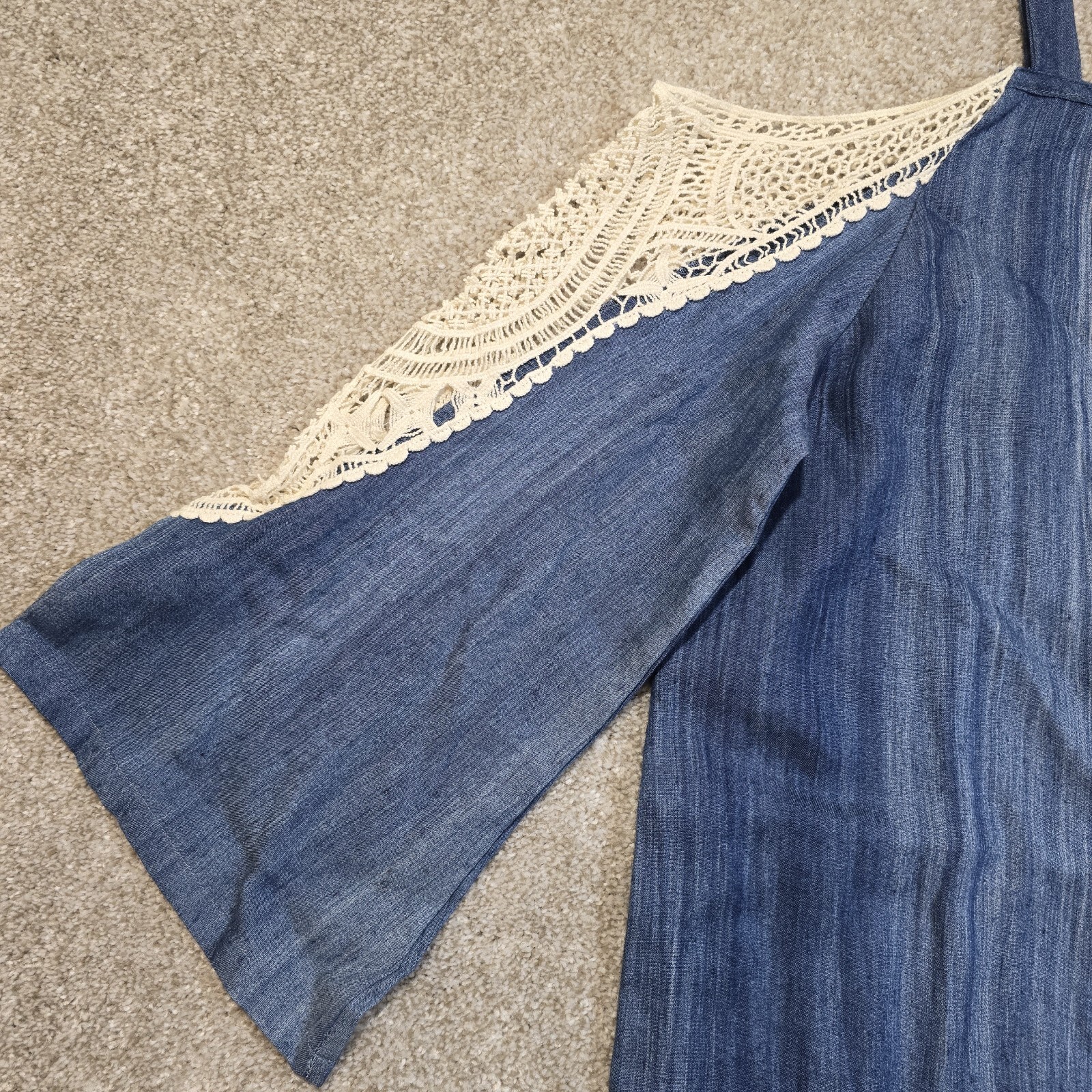 COCO + CARMEN Boho Western Denim Tunic Dress 3/4 Crochet Sleeve Women S/M NWT