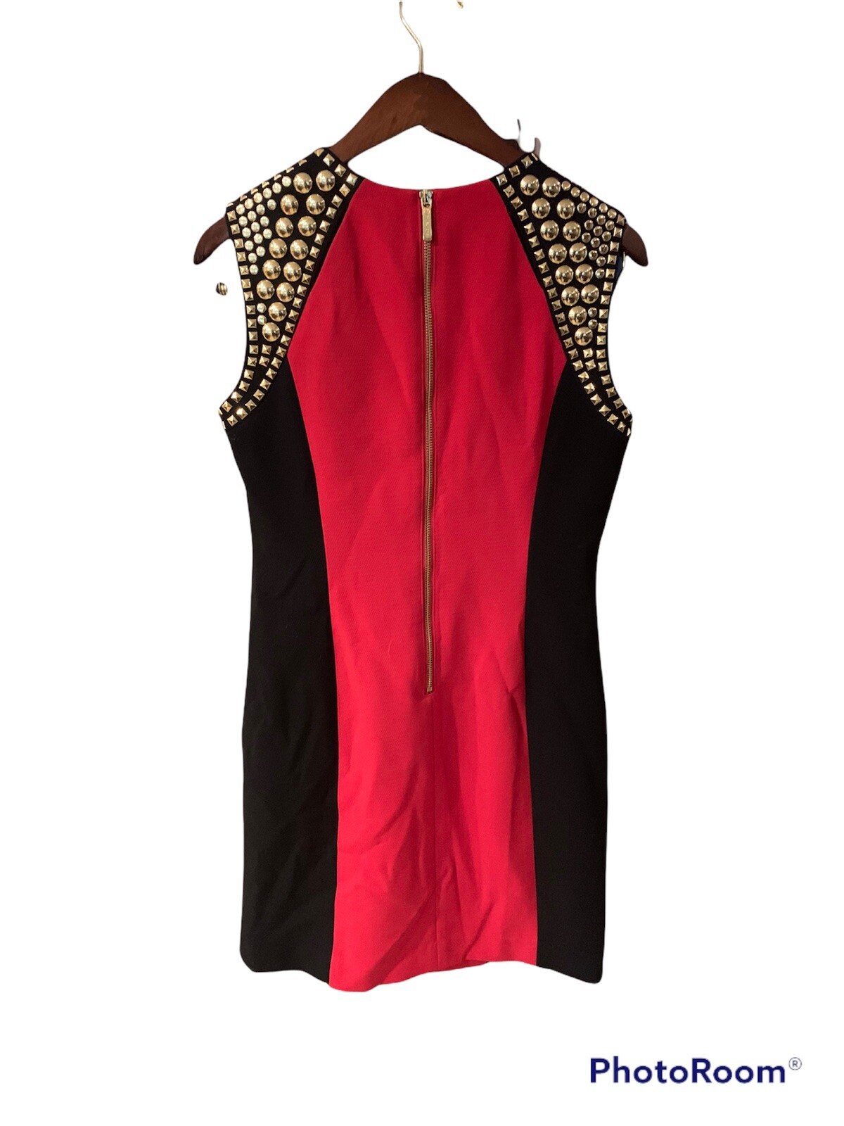 Women Designer MICHAEL KORS Red Black Gold Embellished Shoulder Cocktail Dress 4