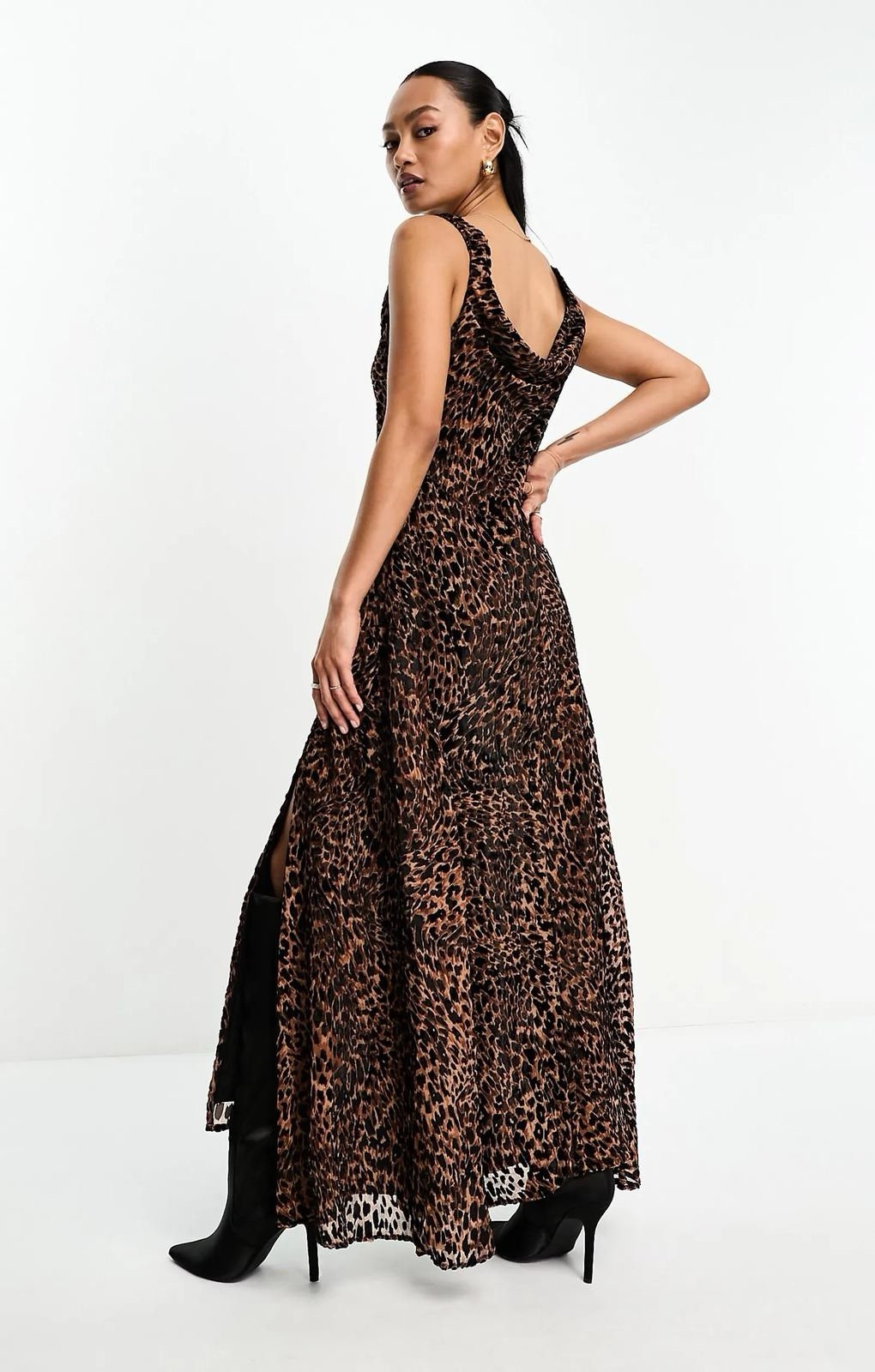Leopard Print Devore Cowl Neck Sleeveless Thigh High Split Flared Maxi Dress 10
