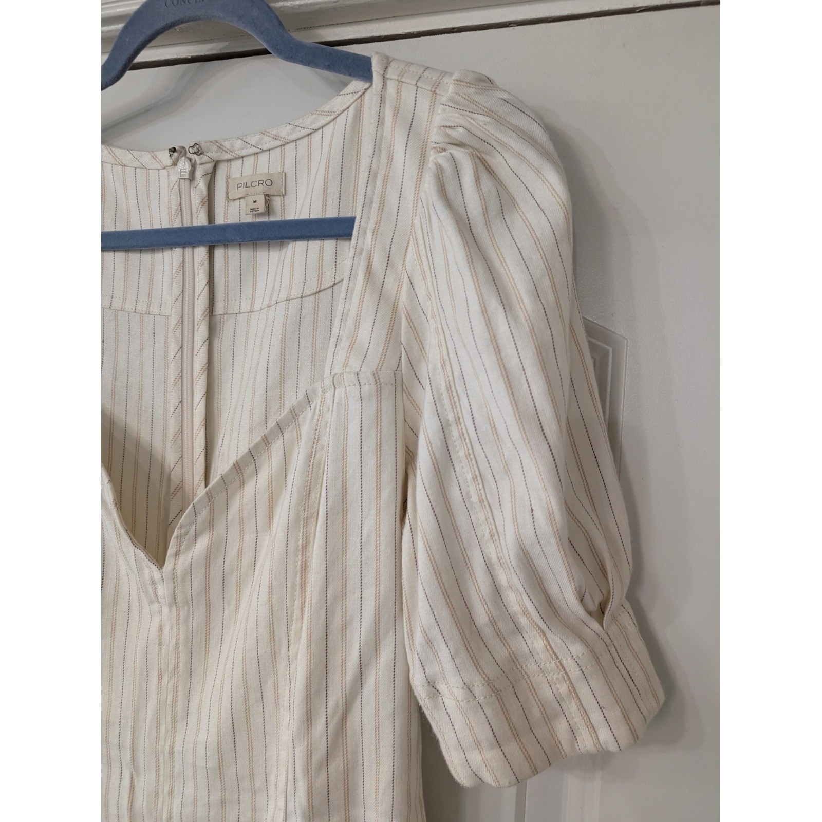 Pilcro Sweetheart Zip-Front Column Midi Dress Striped Puff Sleeve Cream medium