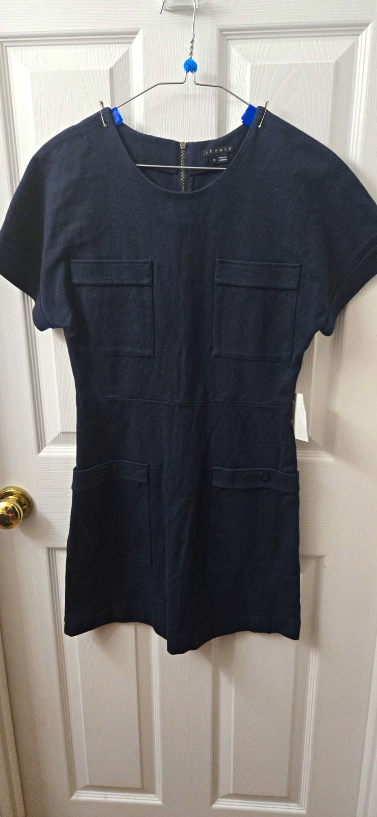 NWOT Theory Navy Shift Dress Short Sleeve Pockets Women Sz 2 Retail $395