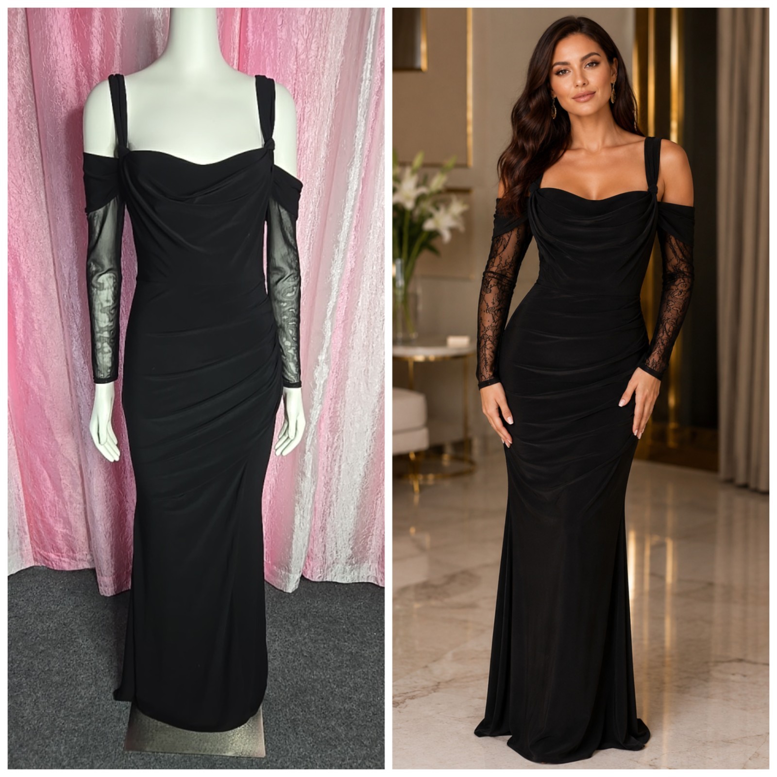 Club L London Exquisite Black Sheer Sleeves Ruched Cocktail Evening Dress Size 6
