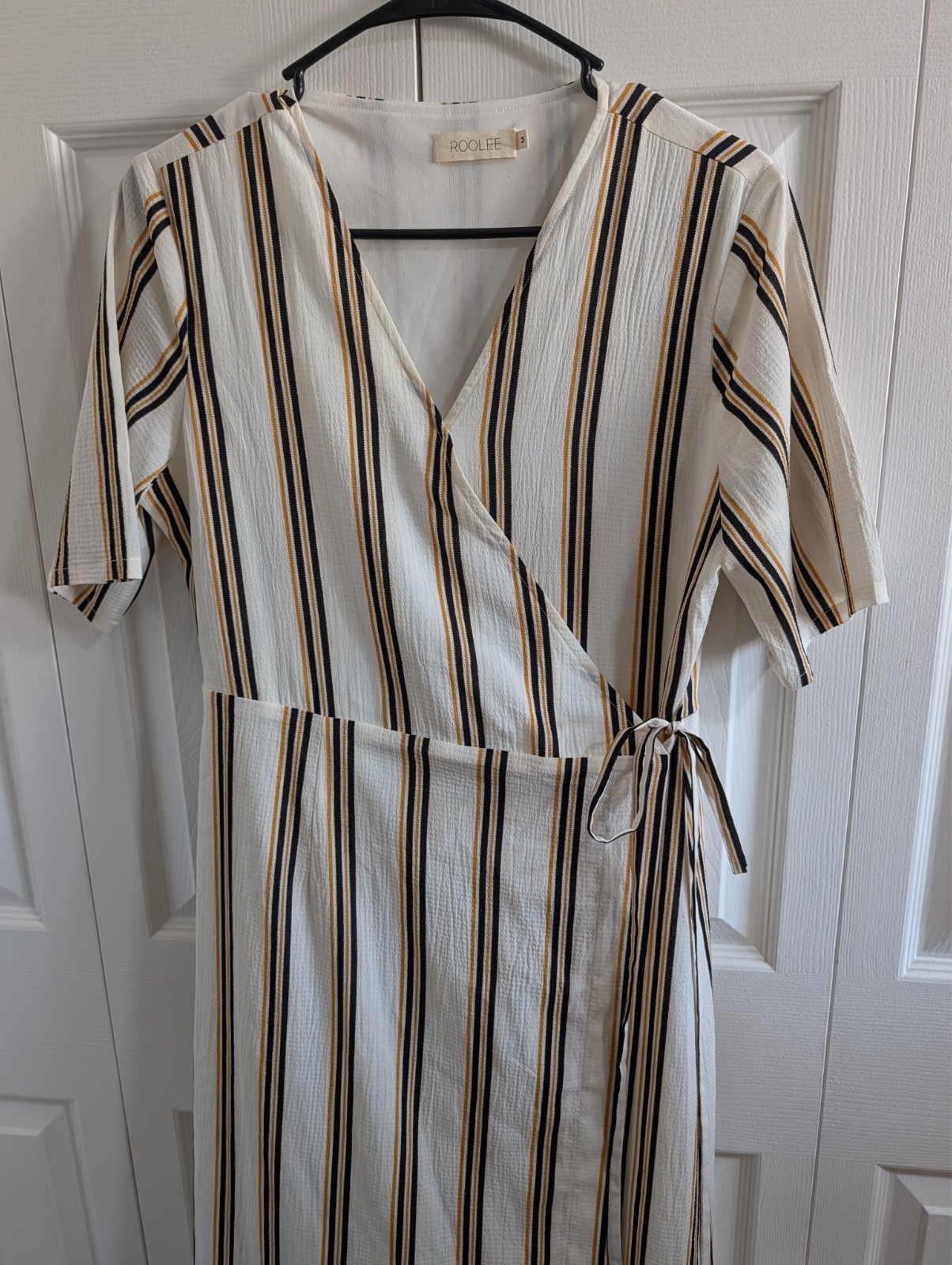 Roolee Womens Medium Striped Wrap Midi Dress Short Sleeve Cream Yellow Black Tie