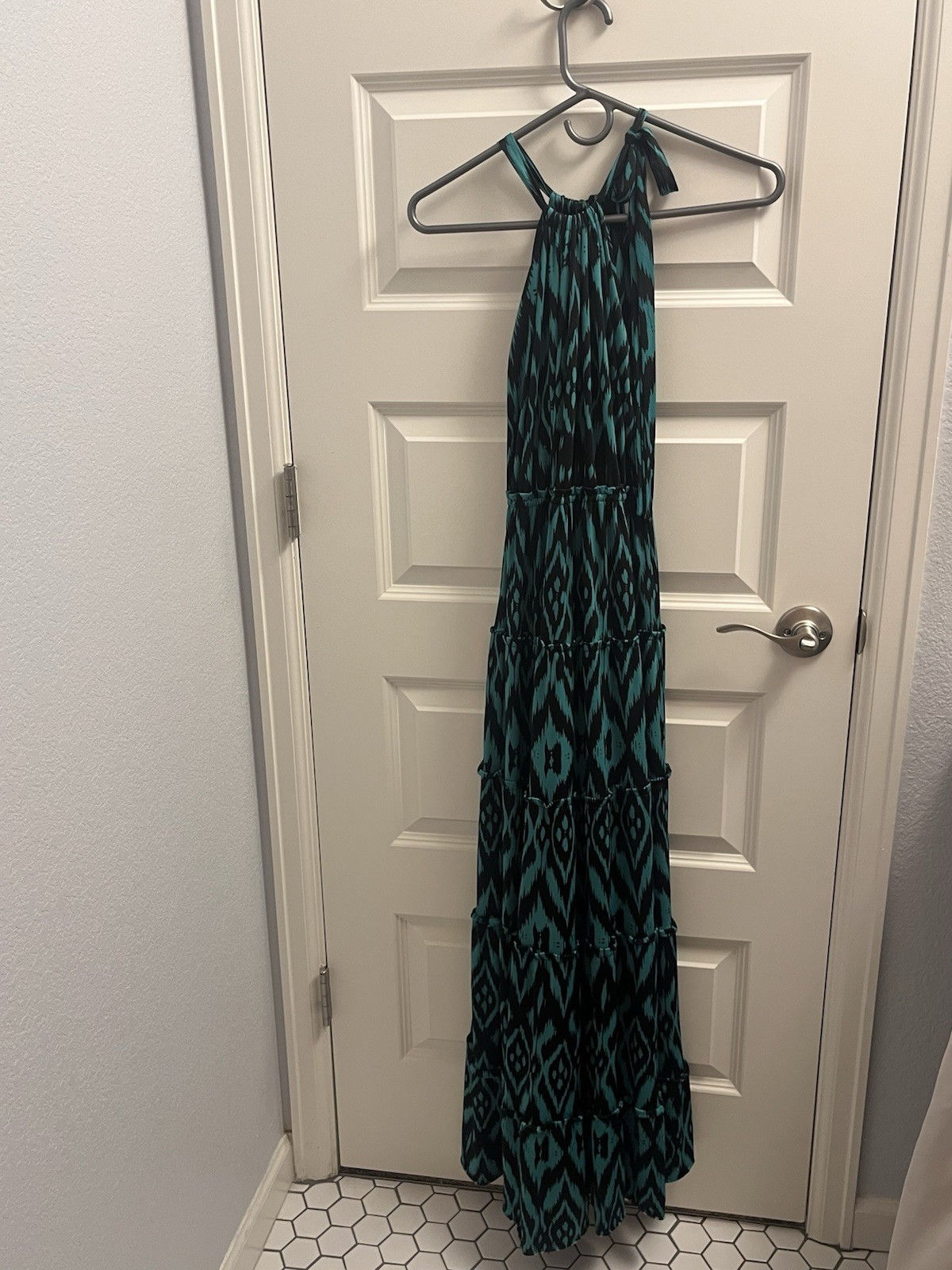 T-Bags Los Angeles Teal/Black Geometric Halter Maxi Dress Stretch S