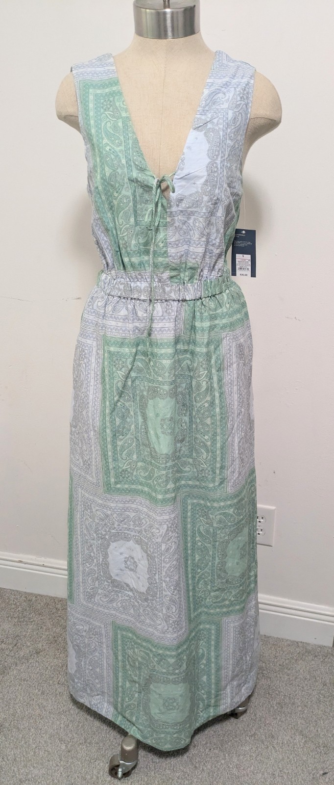 Universal Thread Tie-Front Maxi Dress Green Blue Paisley Sz M Vacation Resort
