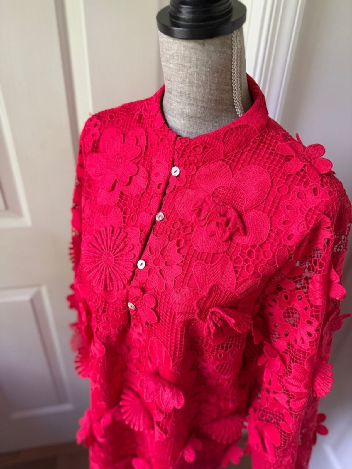 J.Marie Seraphina Floral 3D Lace Split Round Button Up Neck Shift Dress Medium