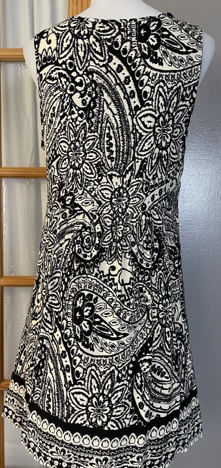 Papillon Floral Swing Mini Dress Sz L Gray Ivory Paisley Pockets Boho City Beach
