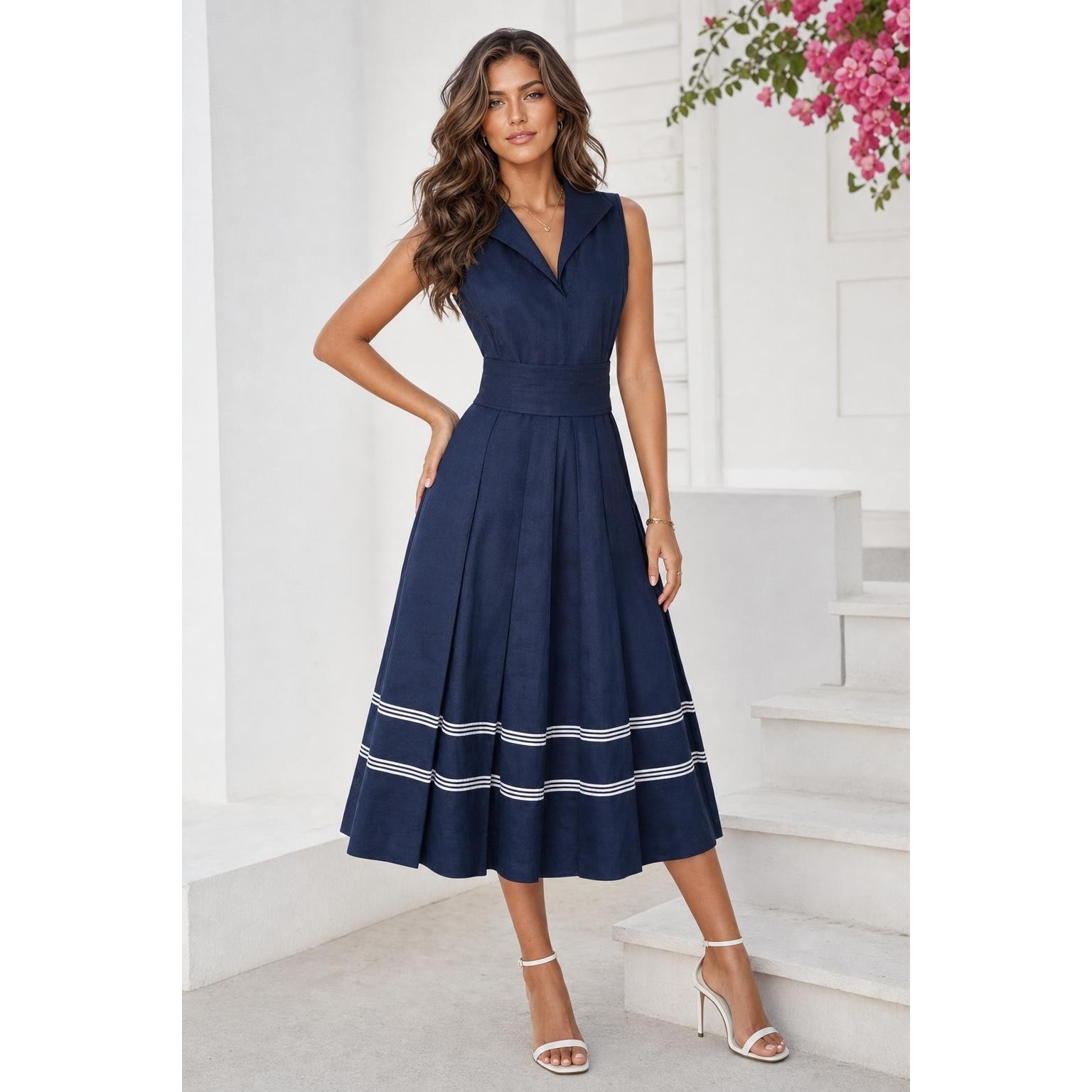 Jones New York Linen Dress Womens 2P Navy Blue Striped Preppy Coastal Sailor