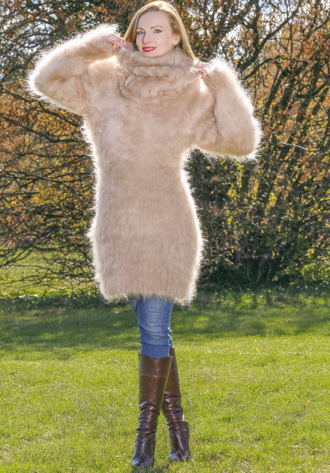 Fuzzy beige mohair dress handmade sweater with extra long turtleneck size L