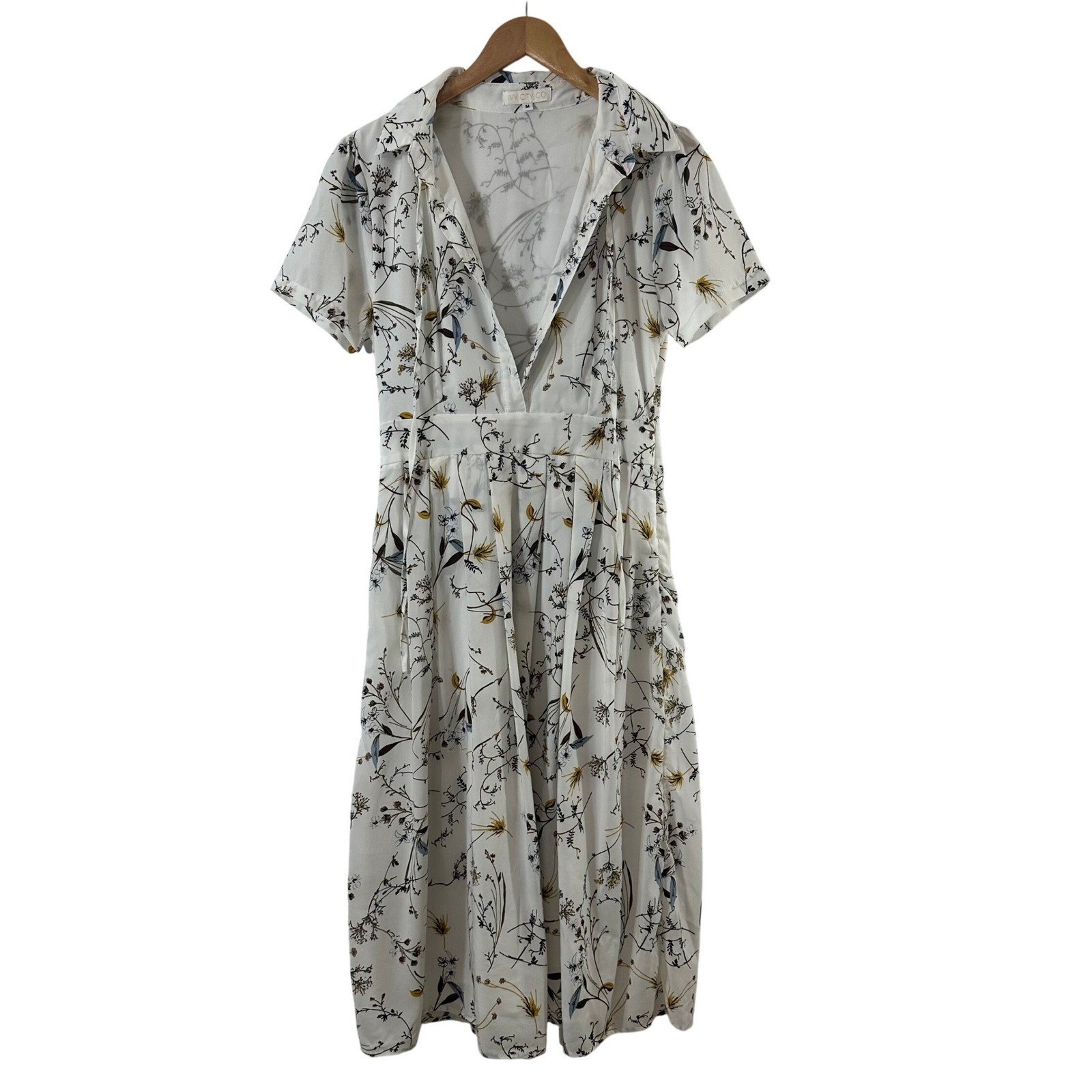 Ivy City Co White Floral Wildflower Tie Neck Pleated Midi Dress Womens Size M