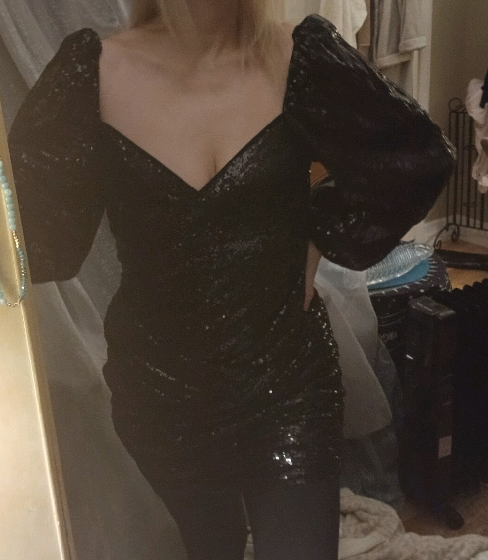 FIESTAR Size LG BLACK SEQUINED LONG SLEEVE FORMAL EVENING DRESS Zipper Back NEW