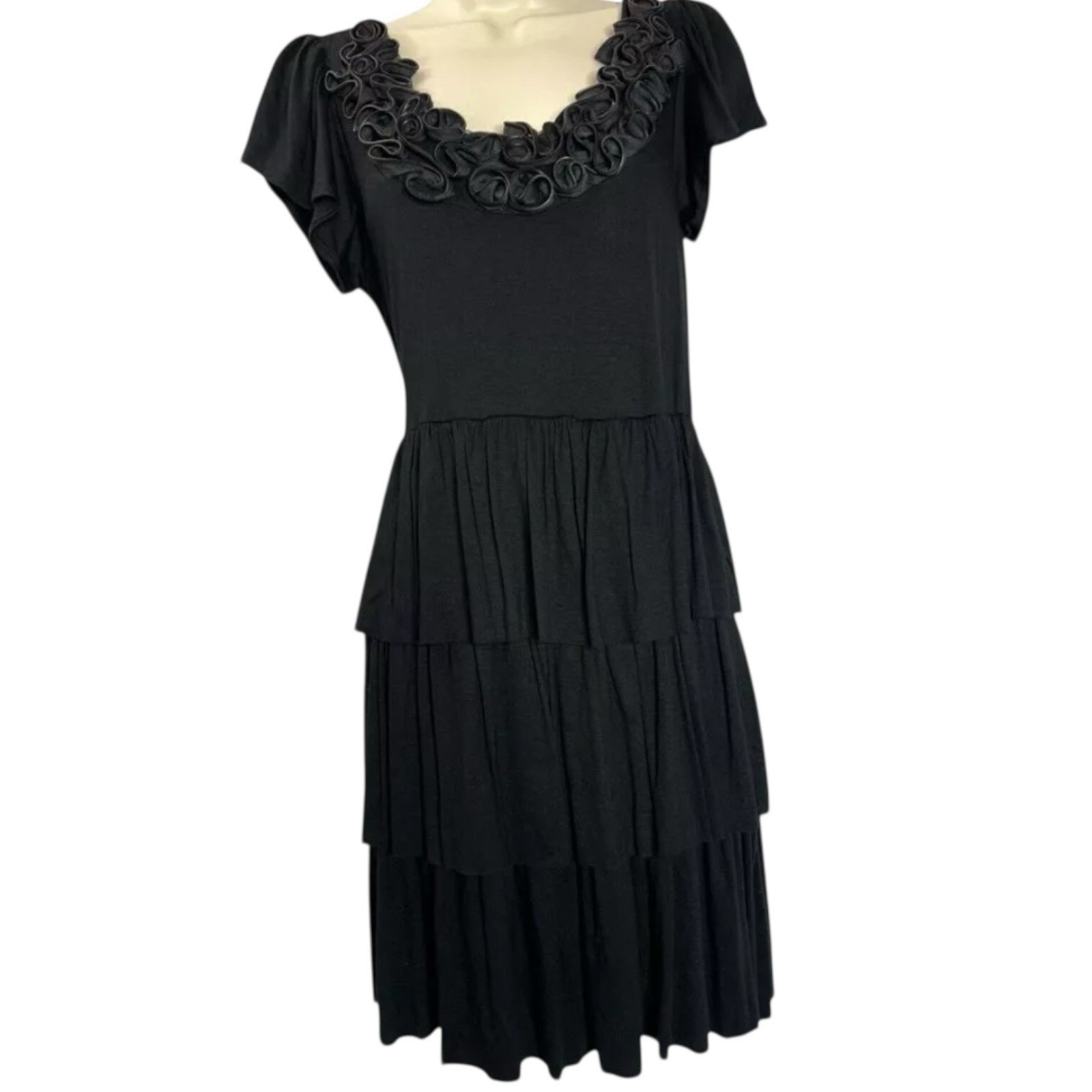 Black Rosette Neck Tiered Short Sleeve Dress Size L Juniors Whimsigoth