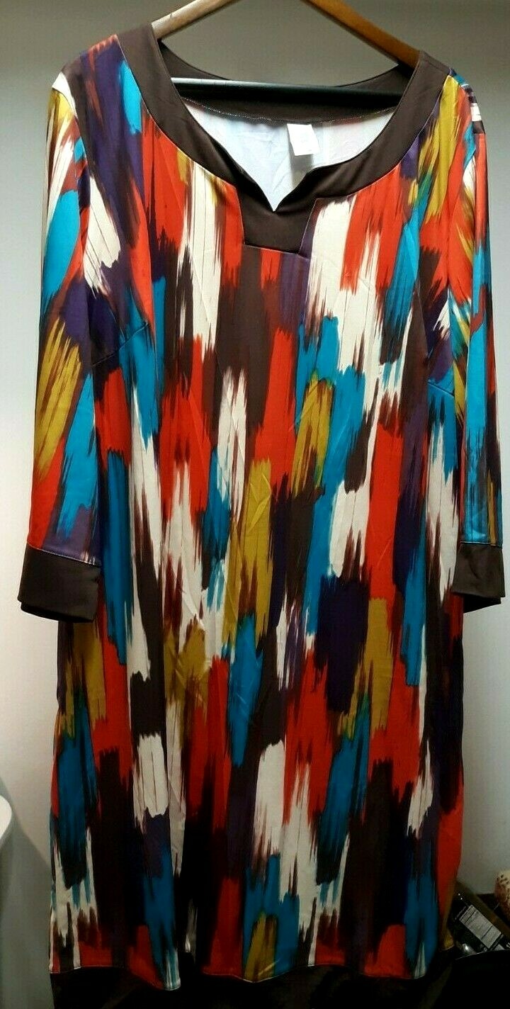 Cute Brown Red Cream Turquoise Olive Women Size 2X 3/4 Sleeve Dress