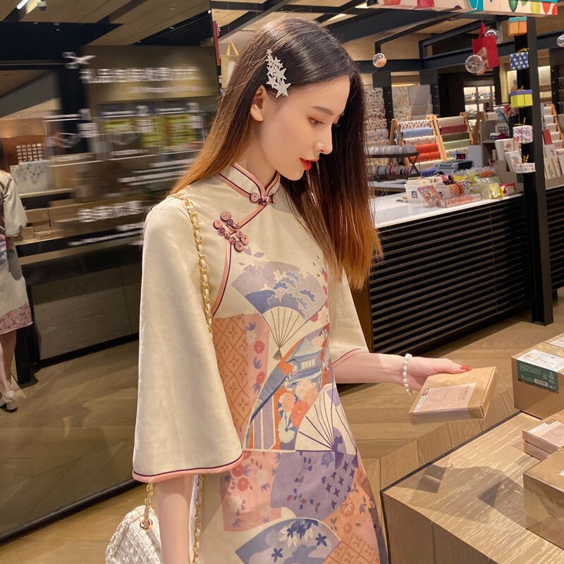 Oriental Chinese Style Female Cheongsam Split Dress Printed Women Improved Qipao