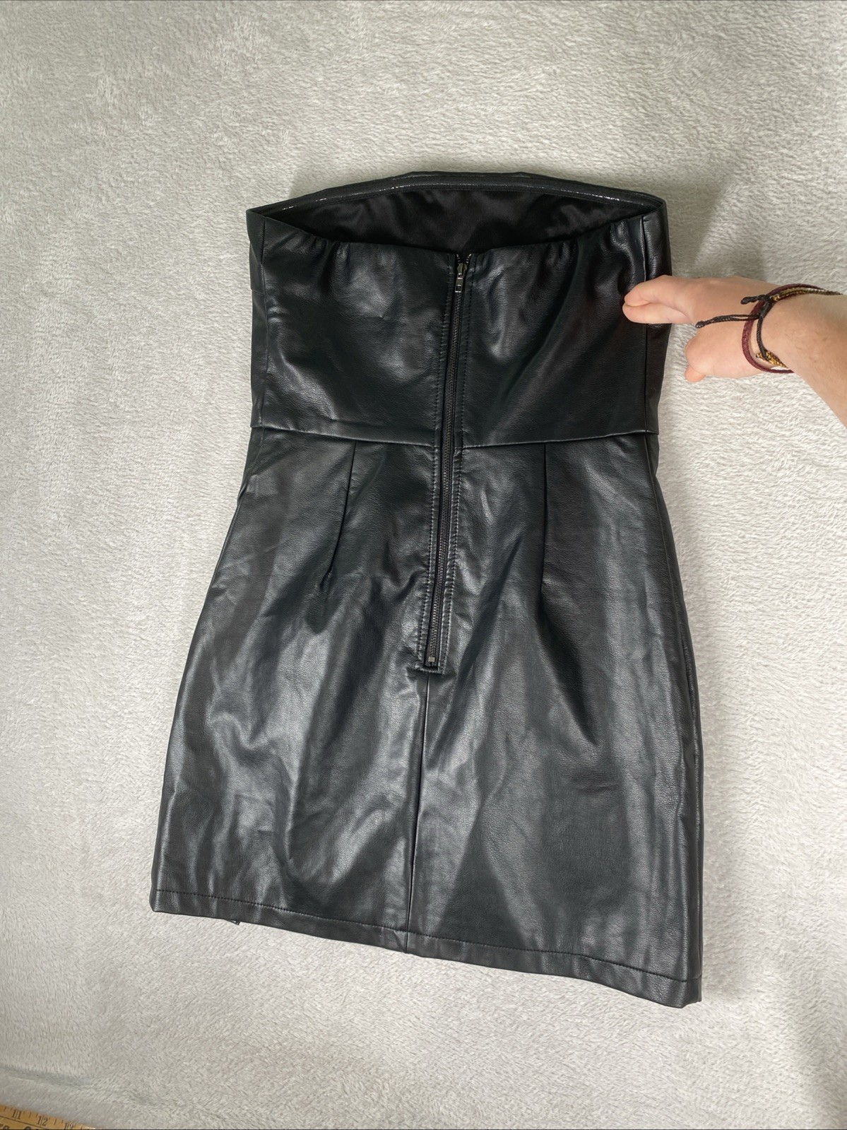 Edikted Faux Leather Strapless Zip Mini Dress Medium Black Y2K Rave 90s