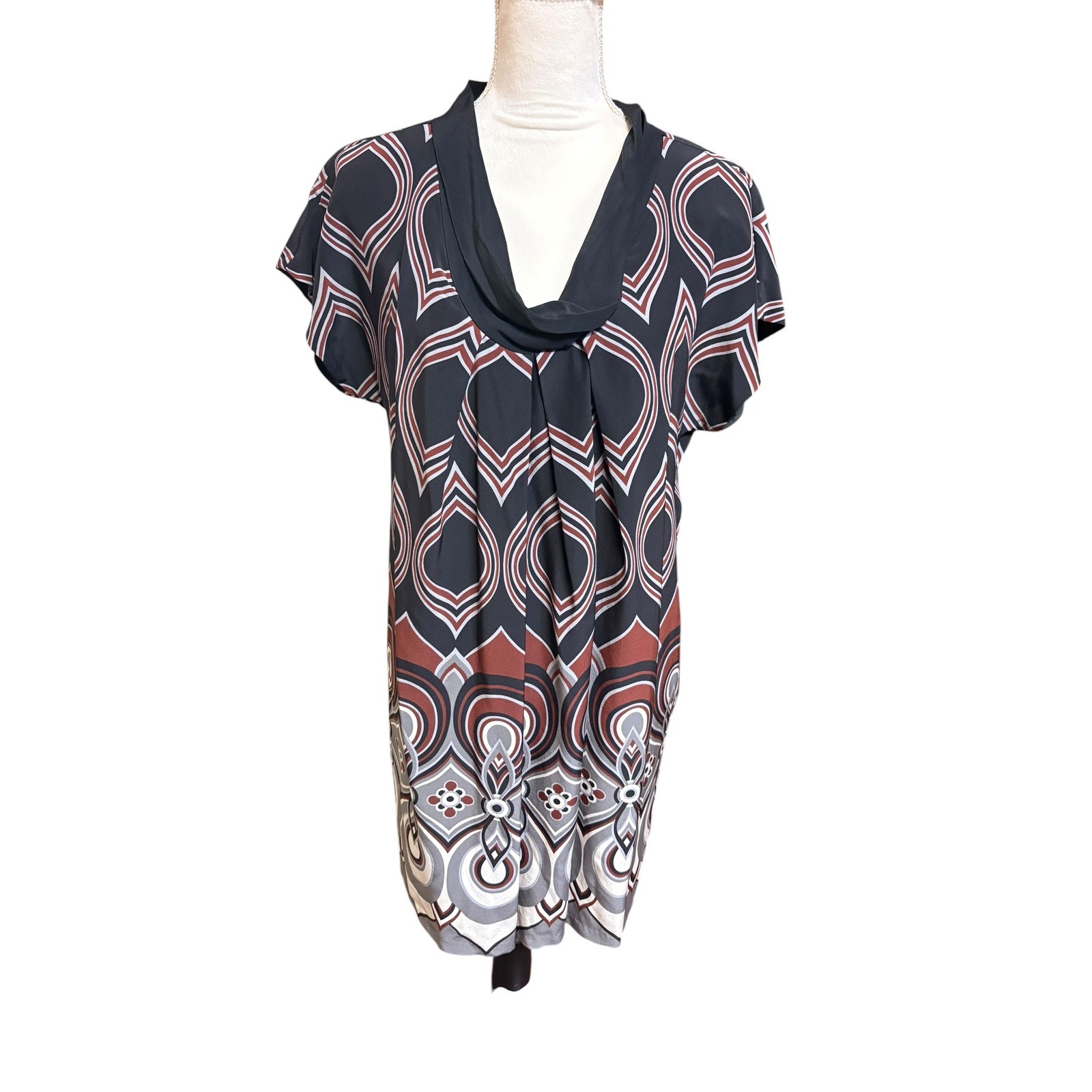 Tibi Black White 100% Silk Lined Pleated Cowl Neck Geometric Print Shift Dress 8