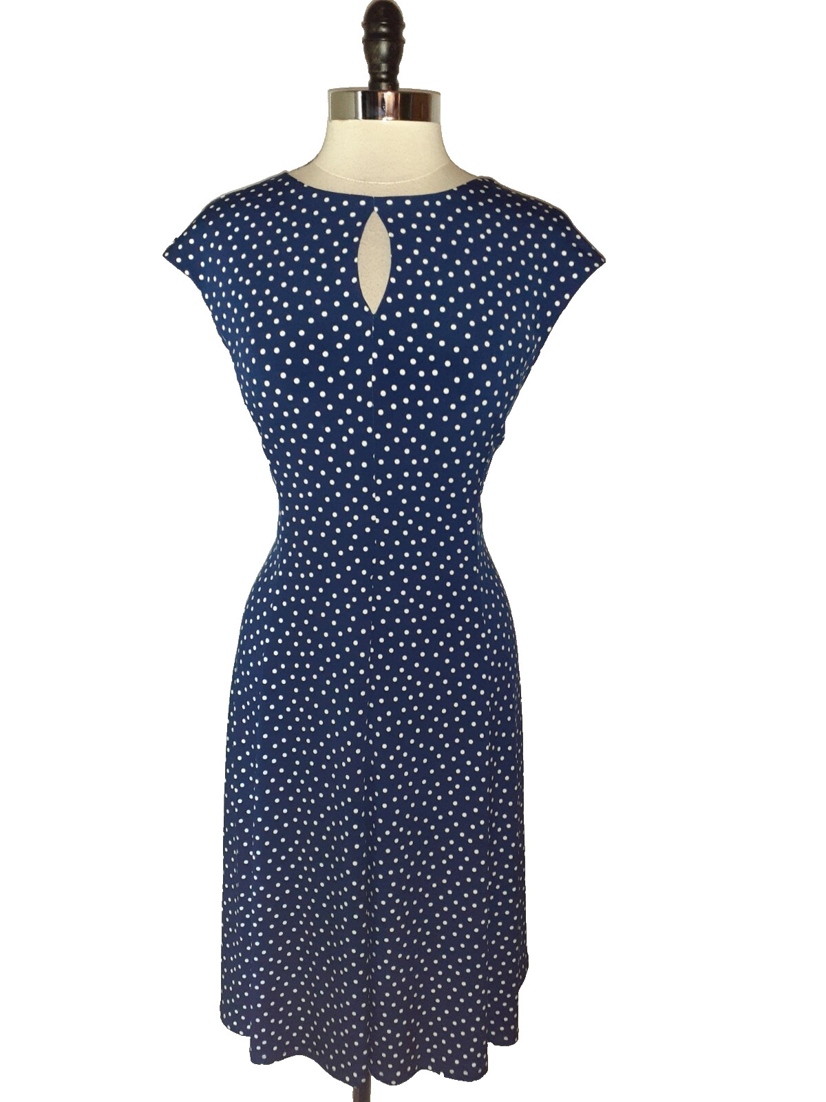 LIZ CLAIBORNE Size XL A-Line Dress Blue White Polka Dots Cap Sleeve Stretch Knit