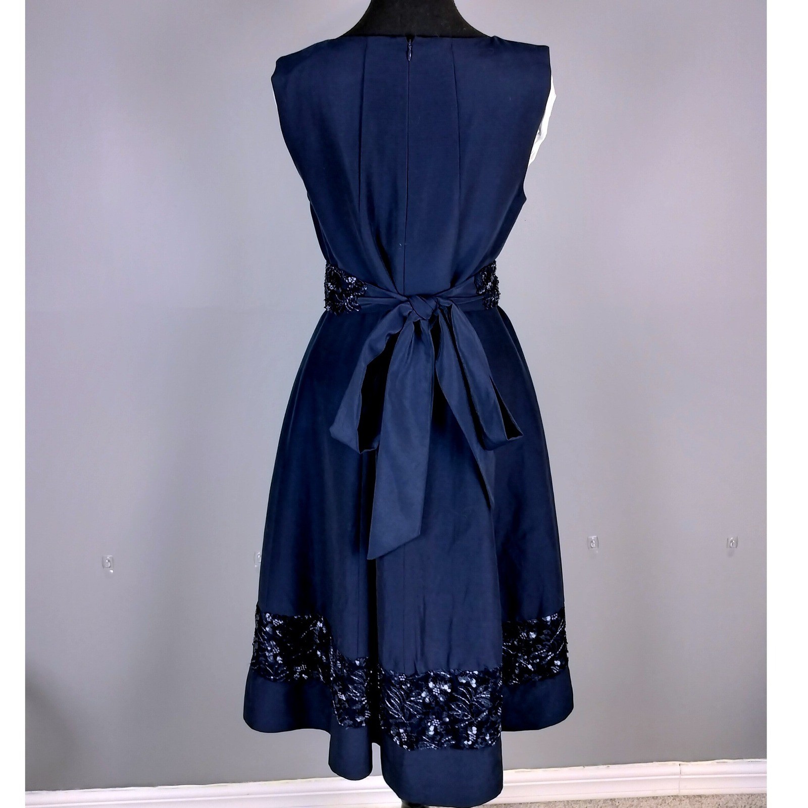 Talbots Cotton Silk Sequin Beaded Fit and Flare Dress Navy Blue Midi Sash